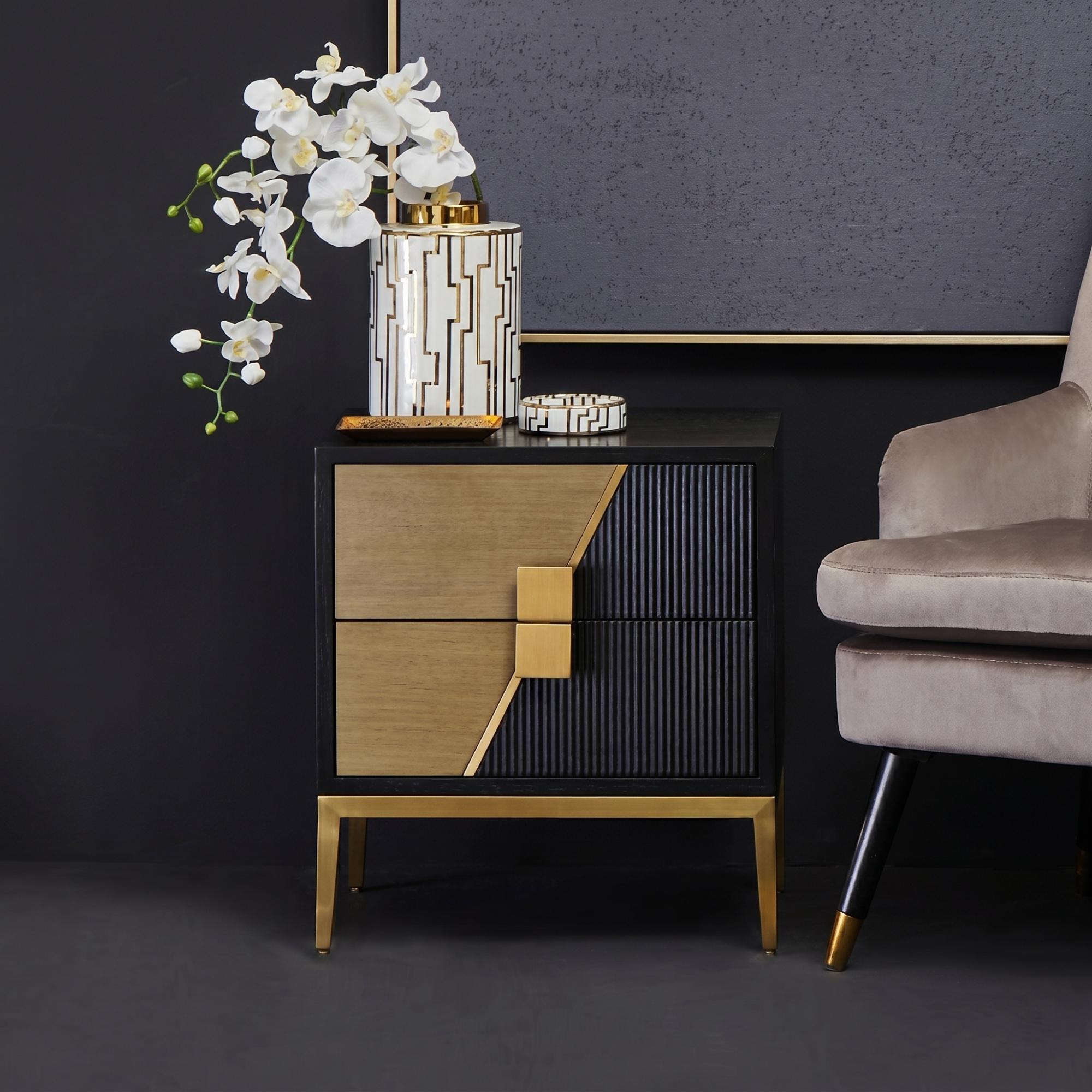 Davoli Bedside Cabinet - 2 Drawer - Black and Gold