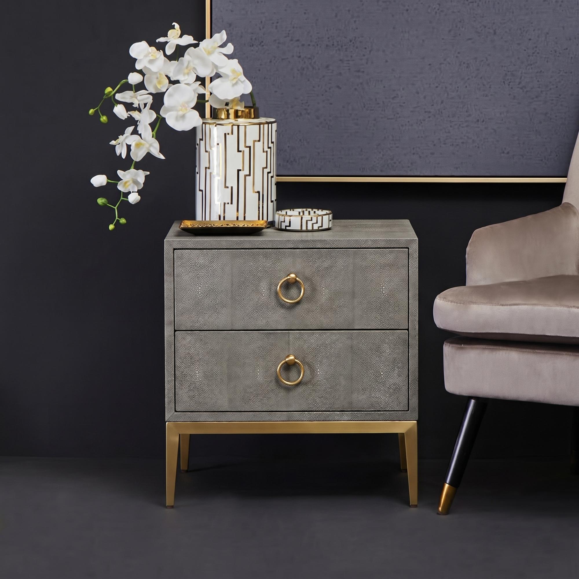 Deruta Bedside Cabinet - 2 Drawer - Grey Faux Shagreen