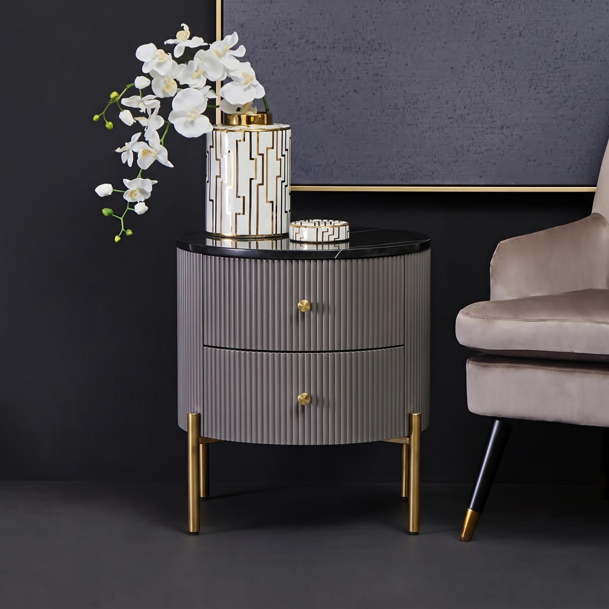 Dervio Bedside Cabinet - 2 Drawer - Round - Grey Fluted with Black Marble Top