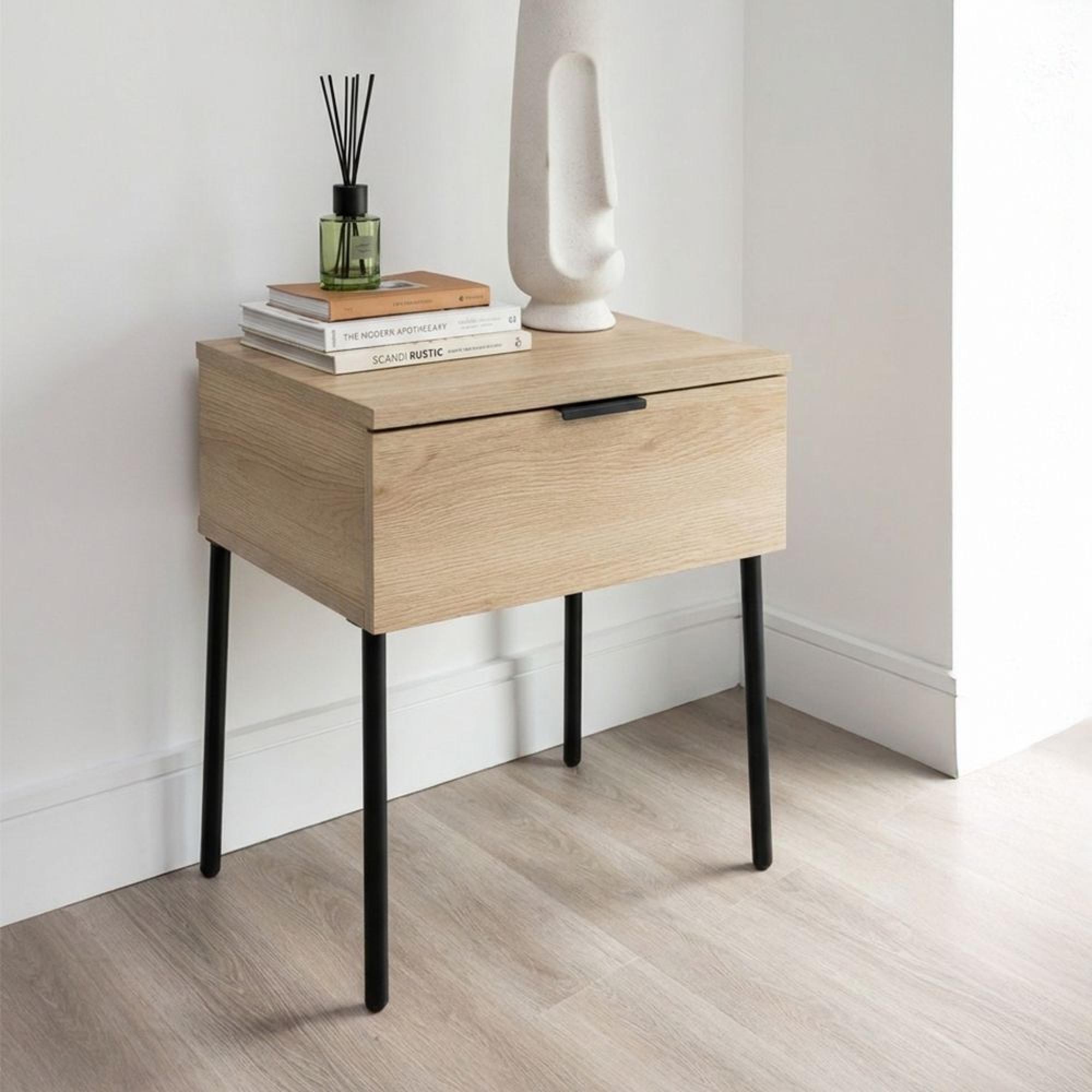 Luna Bedside Table - 1 Drawer - Oak and Black - Wood and Metal