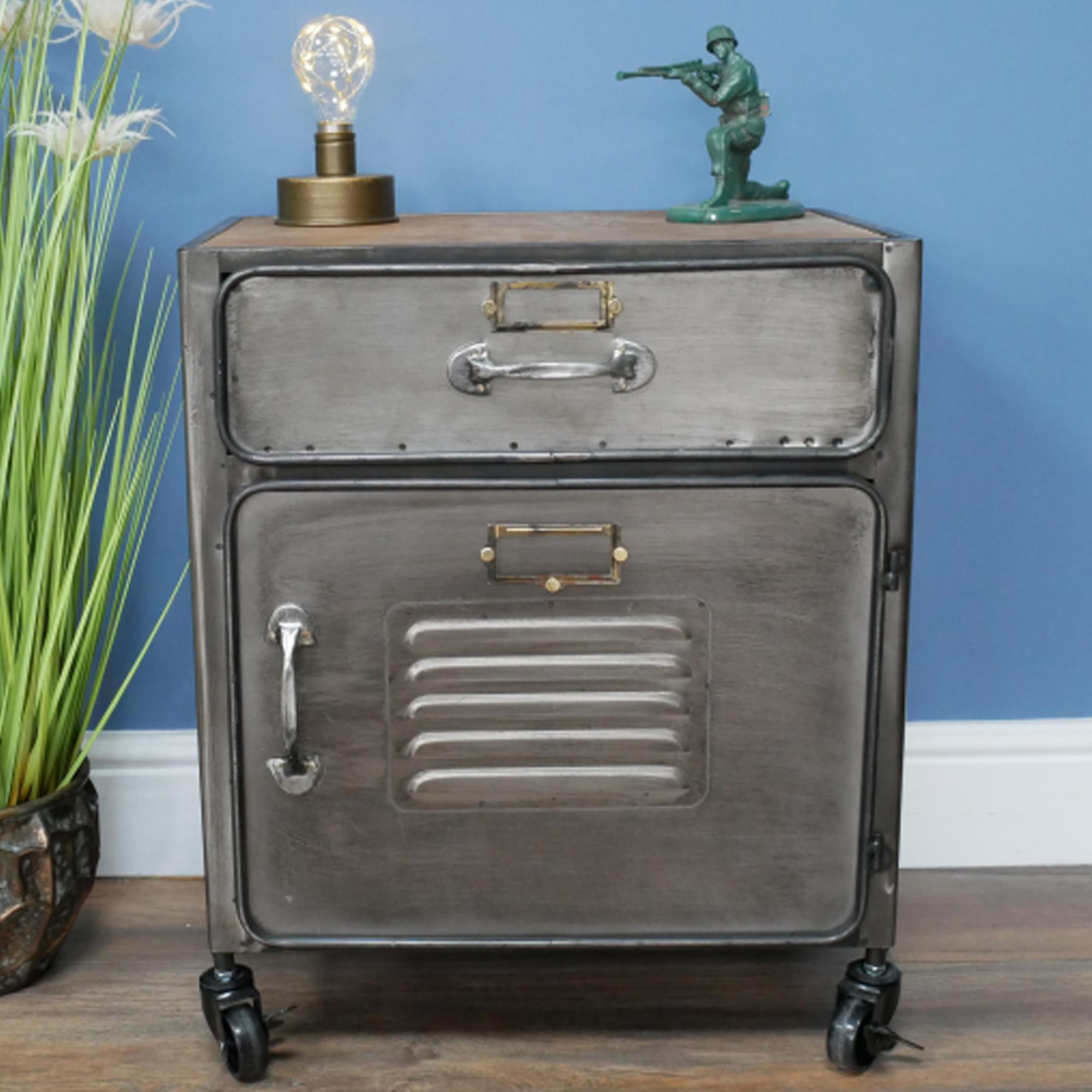Industrial Bedside Cabinet - 1 Door - 1 Drawer - on Wheels - Metal