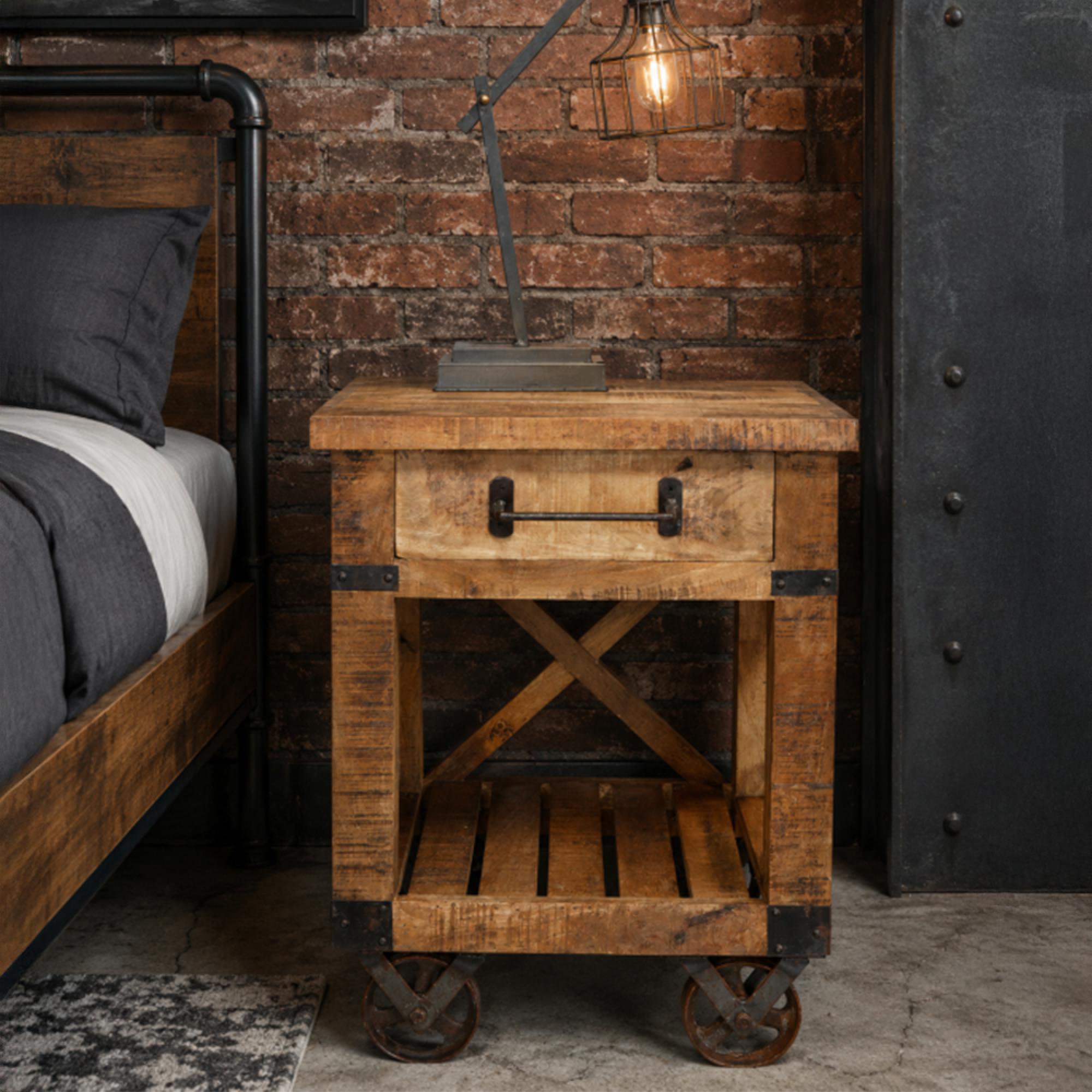 Industrial Bedside Cabinet - 1 Drawer - on Wheels - Mango Wood and Metal