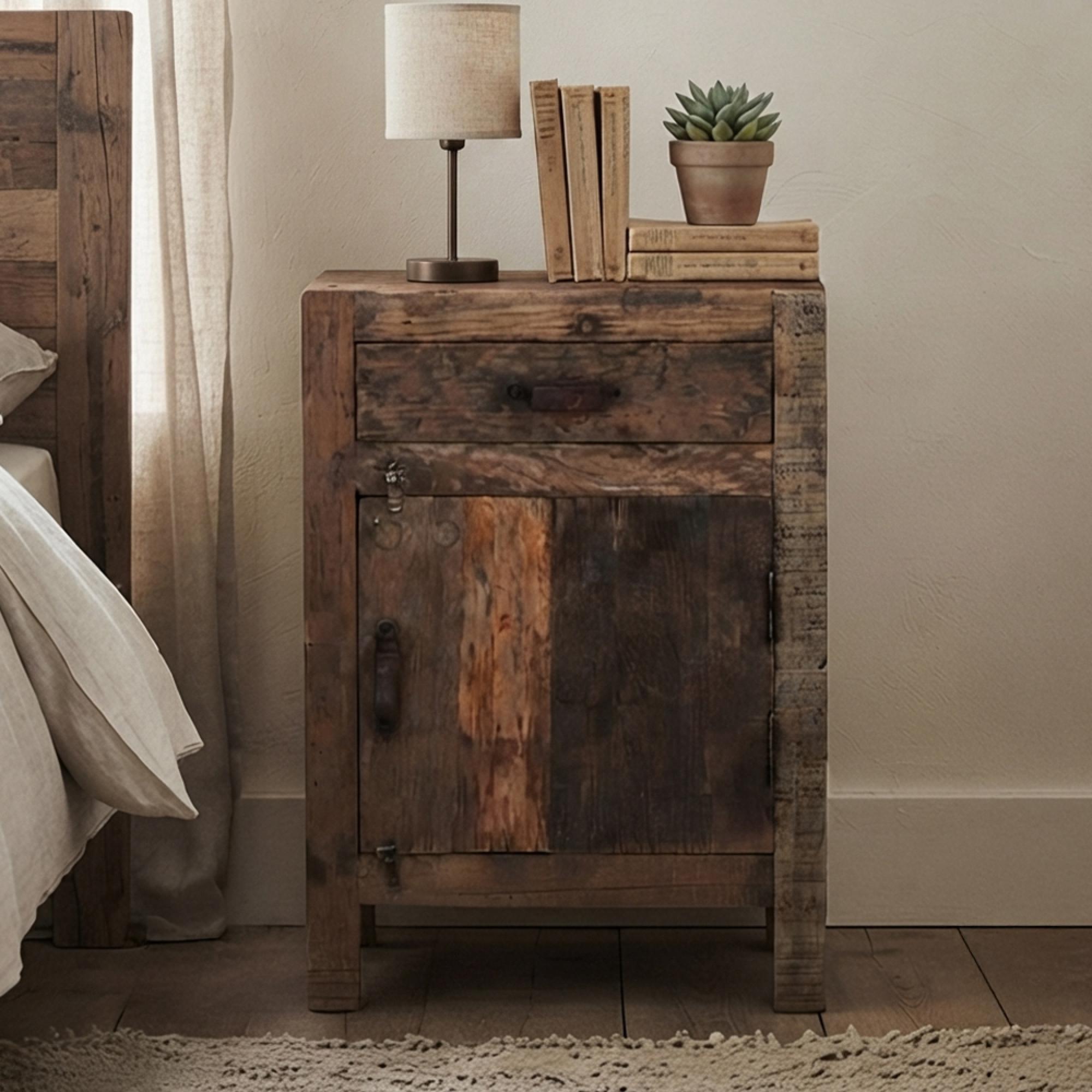 Bassano Bedside Cabinet - 1 Door - 1 Drawer - Natural - Recycled Wood
