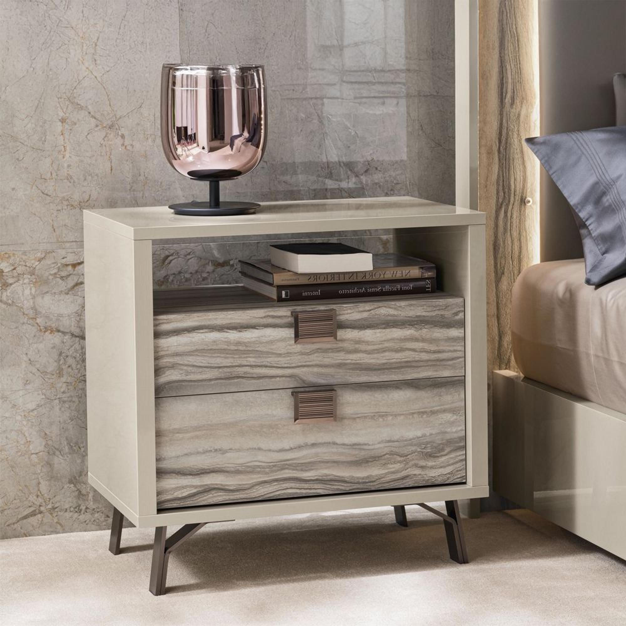 Jupiter Bedside Cabinet - 2 Drawer - with Open Unit - Eco Stone and High Gloss Pearl Line