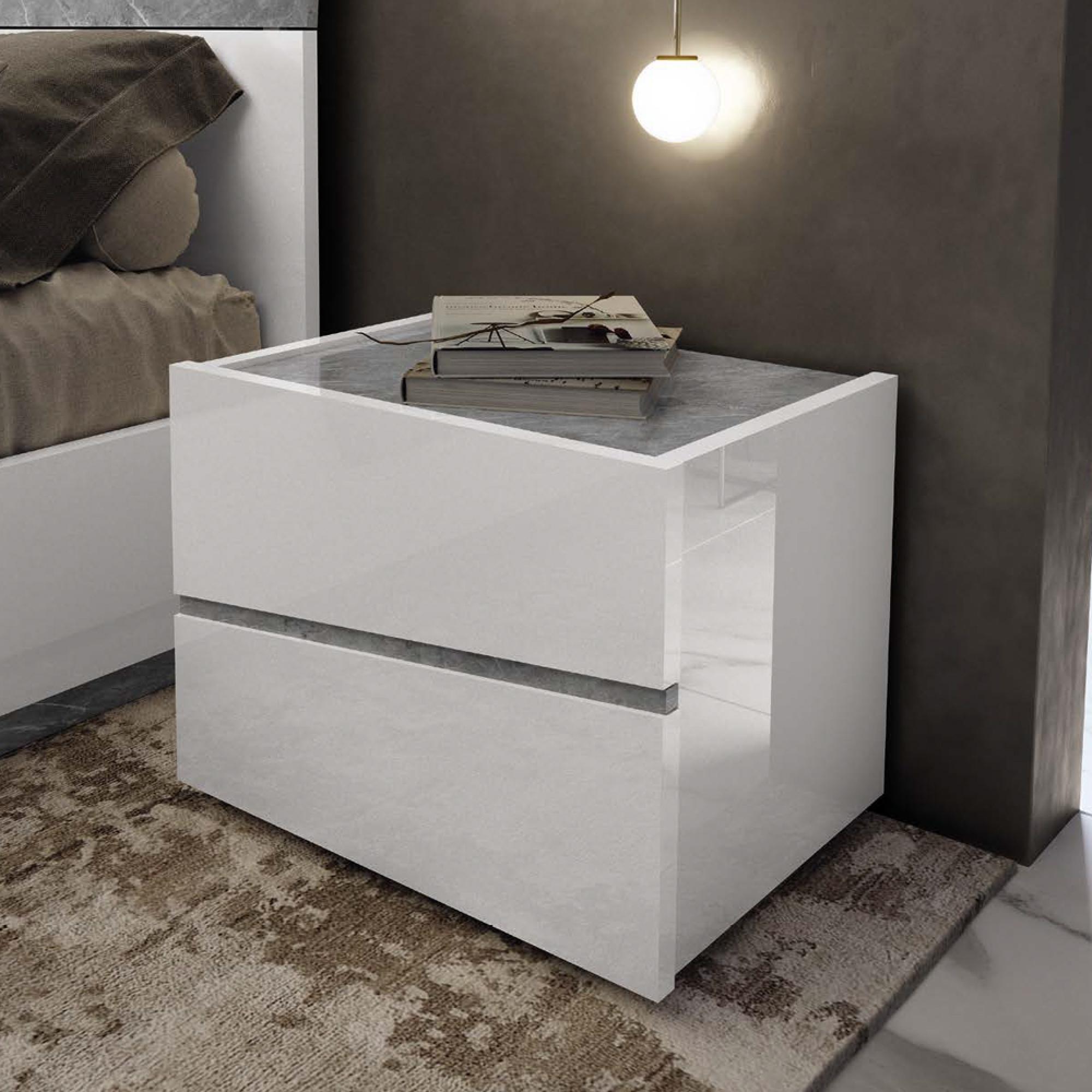 Alba Italian Bedside Cabinet - 2 Drawer - White - Carrara Marble Inlay