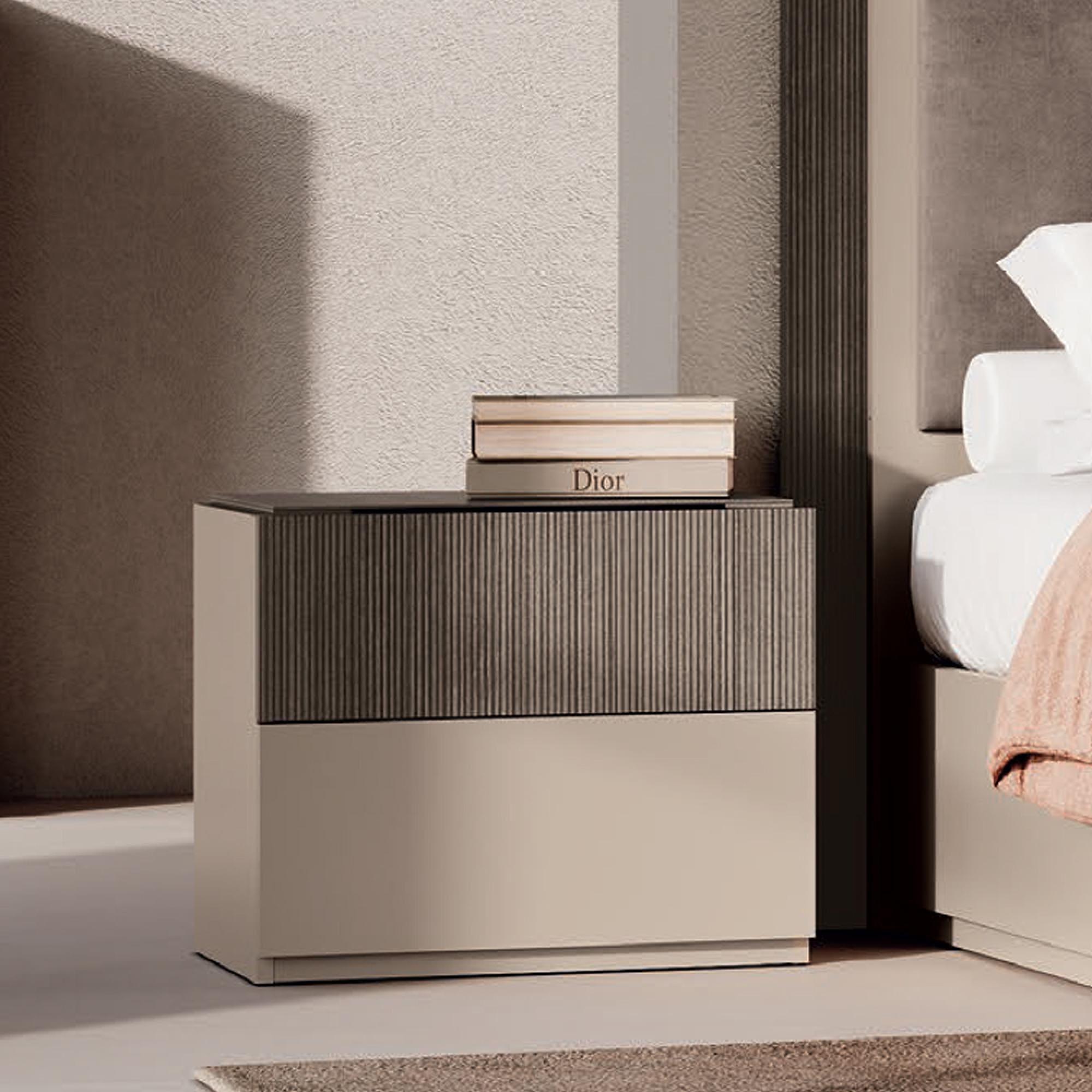 Essenza Italian Fluted Bedside Cabinet - 2 Drawer - Urban Velvet and Tabacco