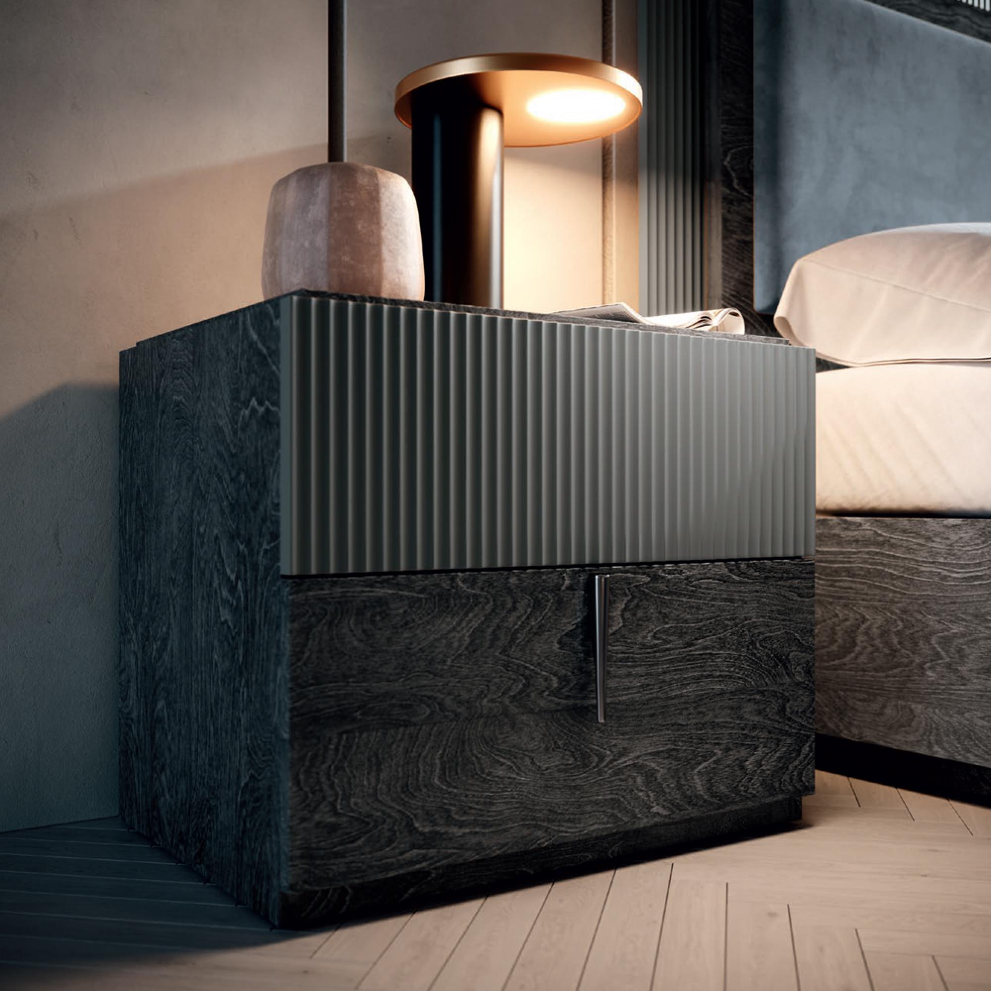 Onyx Italian Fluted Bedside Cabinet - 2 Drawer - Charcoal Black and MedBlue