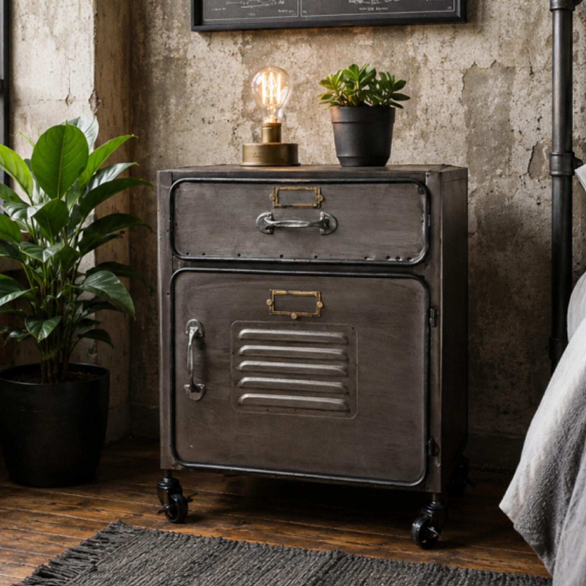 Industrial Bedside Cabinet - 1 Door - 1 Drawer - on Wheels - Metal