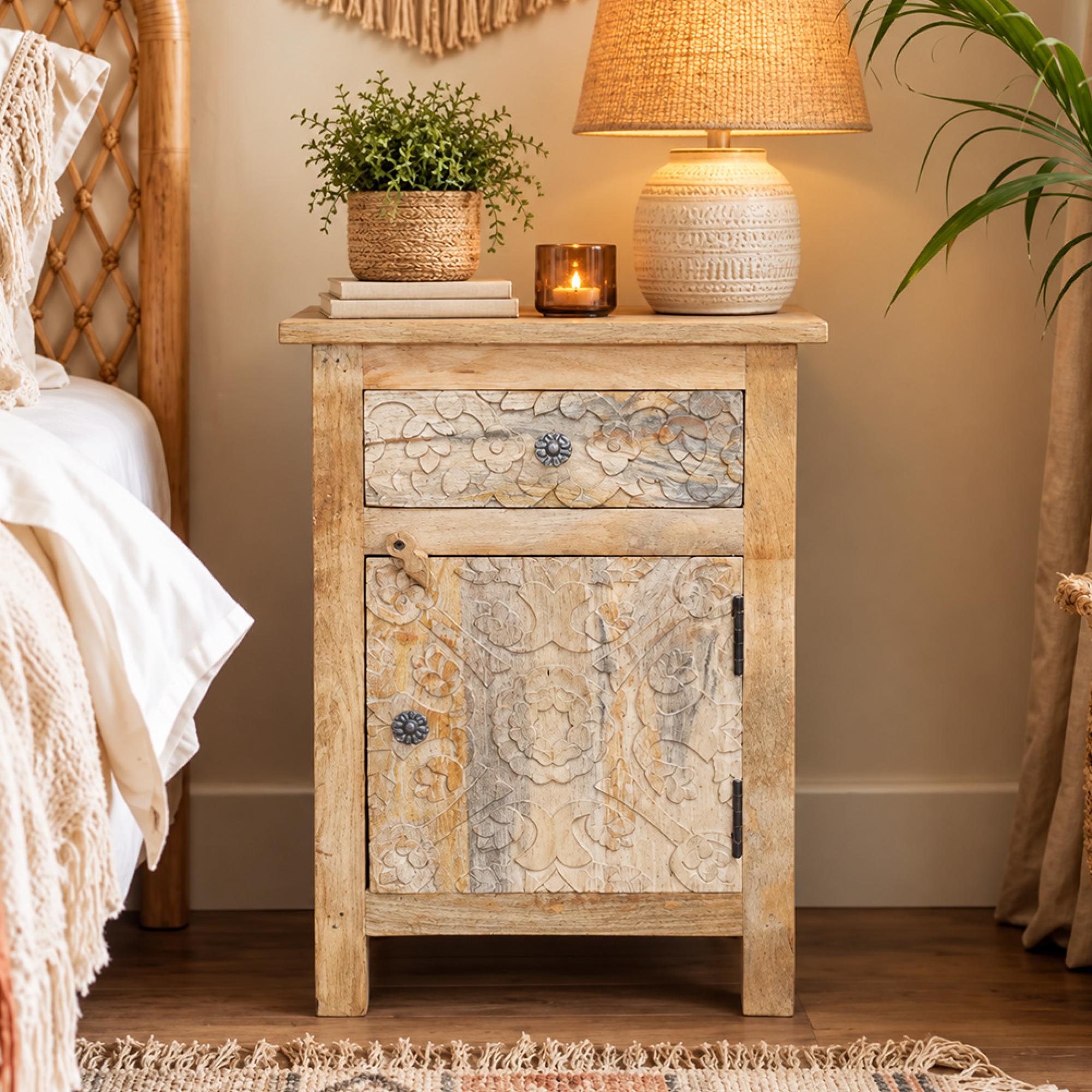 Bedside Cabinet - 1 Door - 1 Drawer - Carved Mango Wood - RH