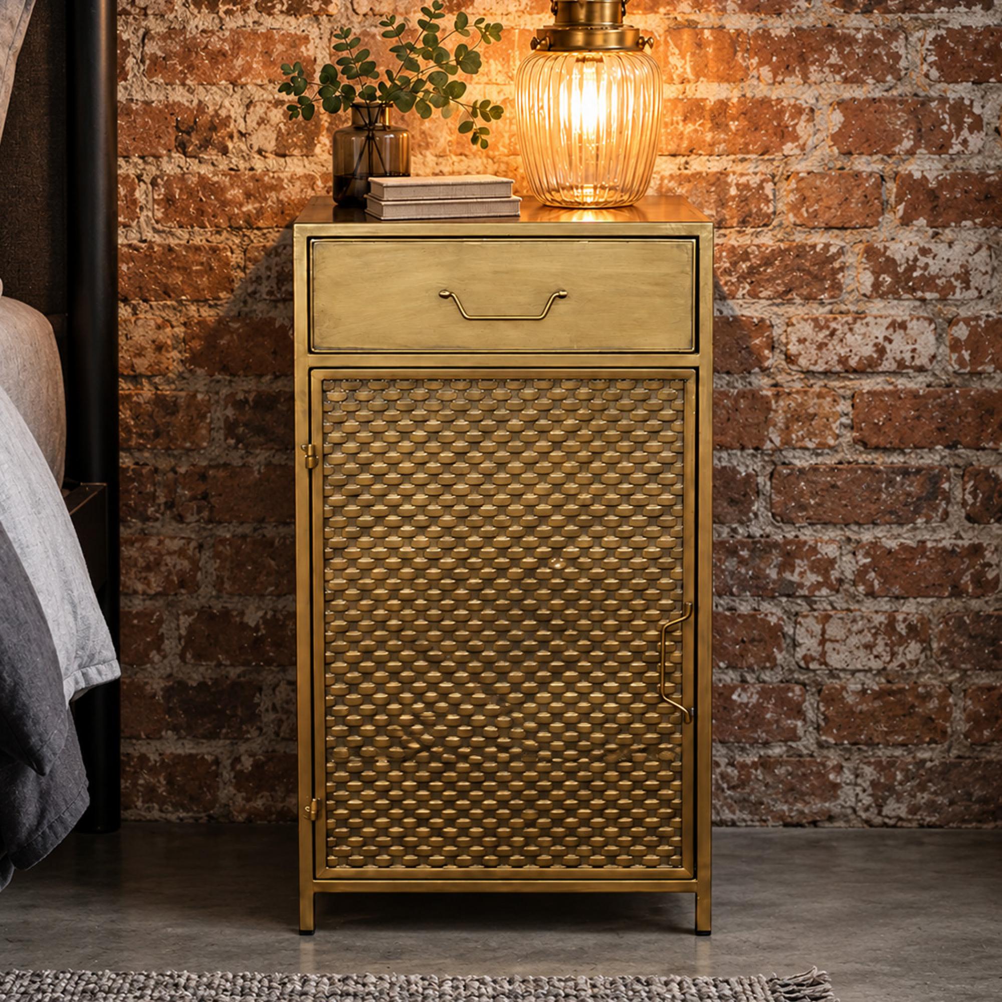 Bedside Cabinet - 1 Door - 1 Drawer - Gold Metal