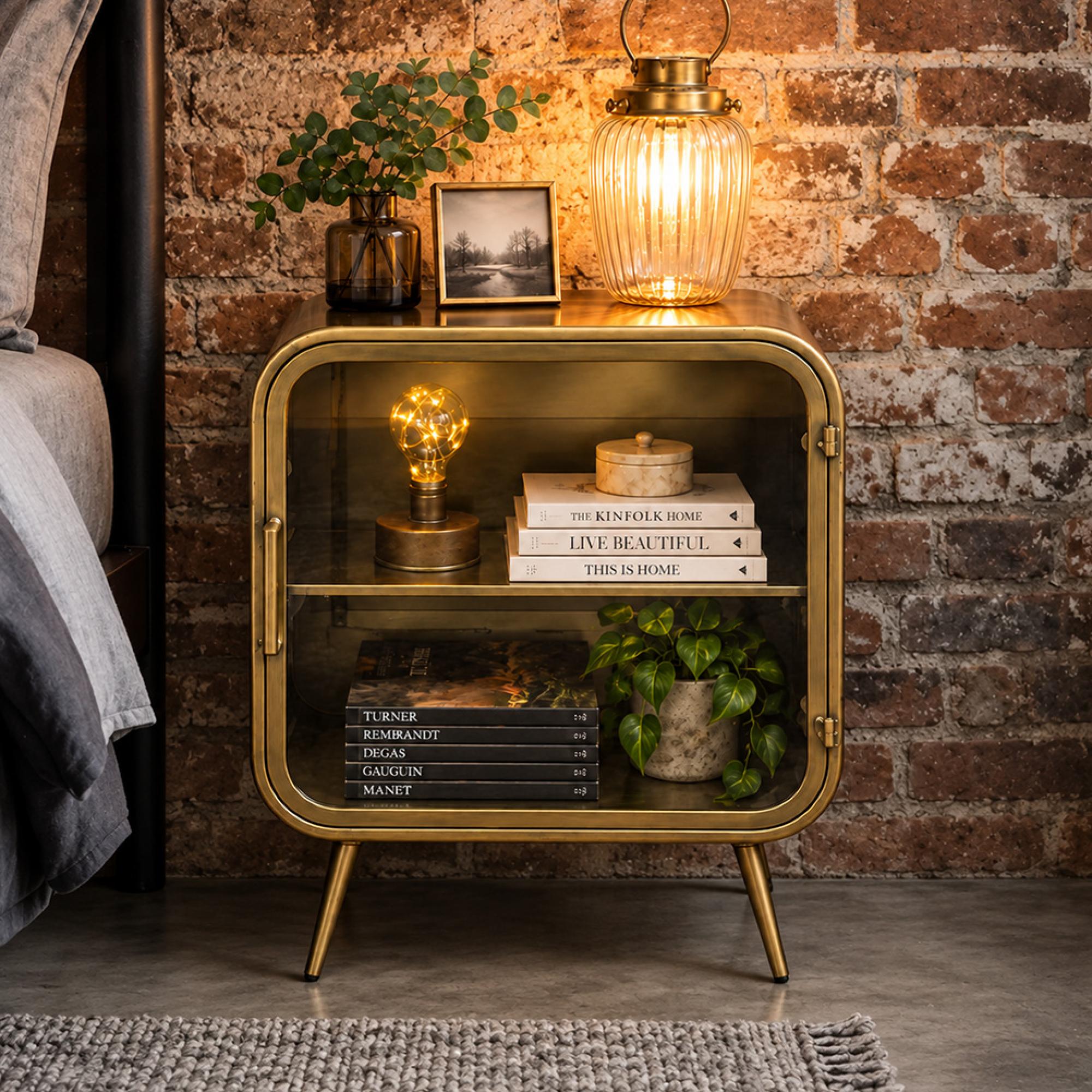 Bedside Cabinet - 1 Door - Curved Brushed Metal and Glass