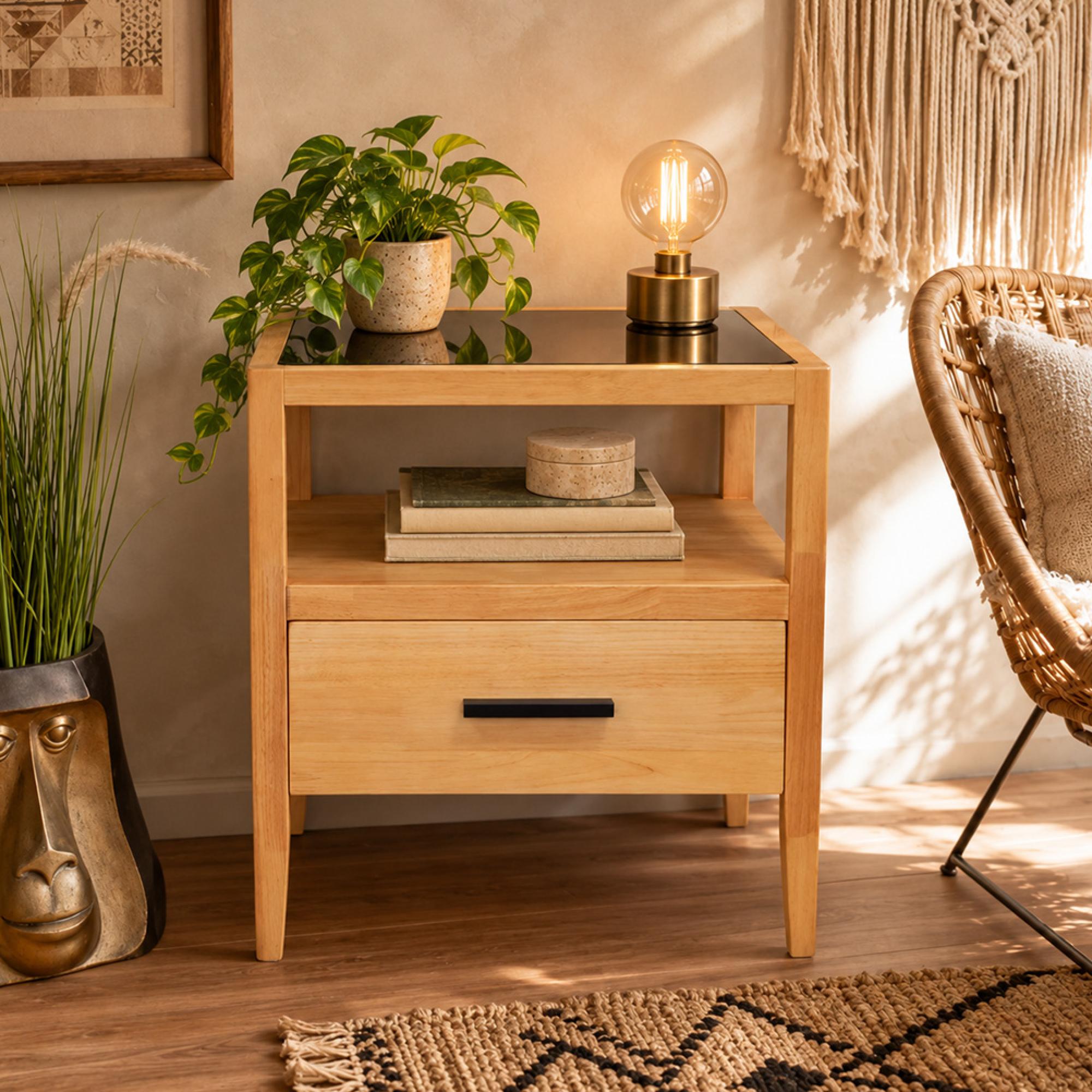 Bedside Cabinet - 1 Drawer - Wood and Black Glass