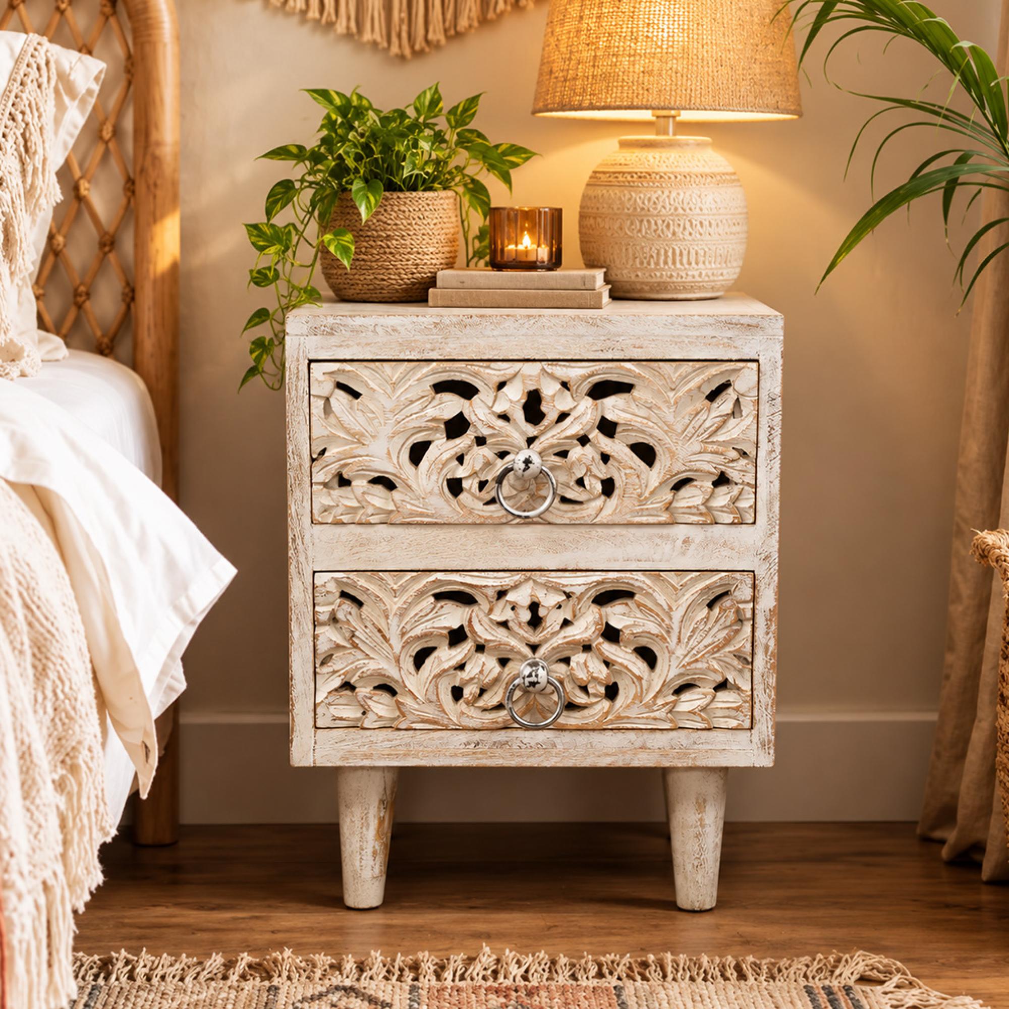 Bedside Cabinet - 2 Drawer - Distressed White Carved Mango Wood
