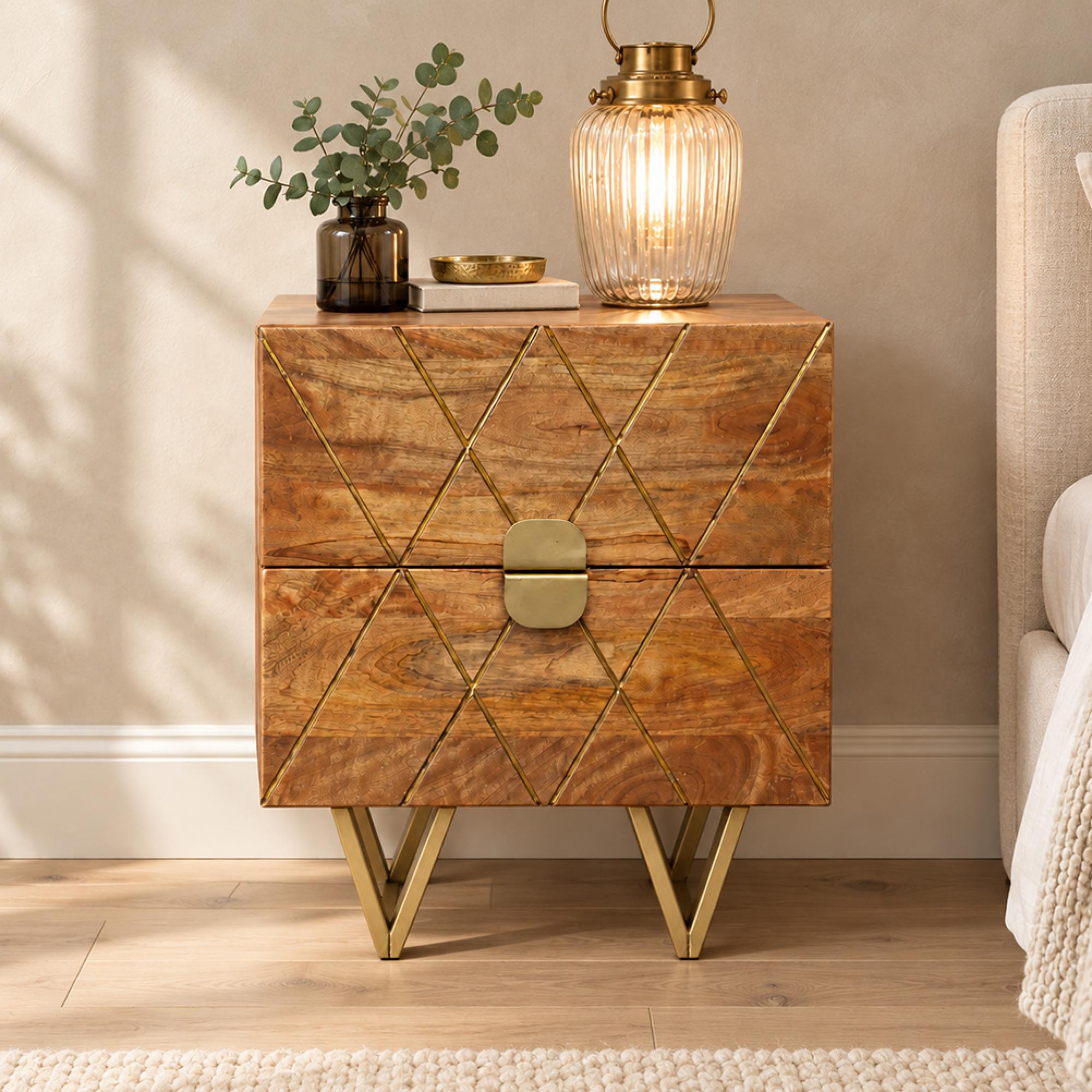 Bedside Cabinet - 2 Drawer - Wooden - Hairpin Legs