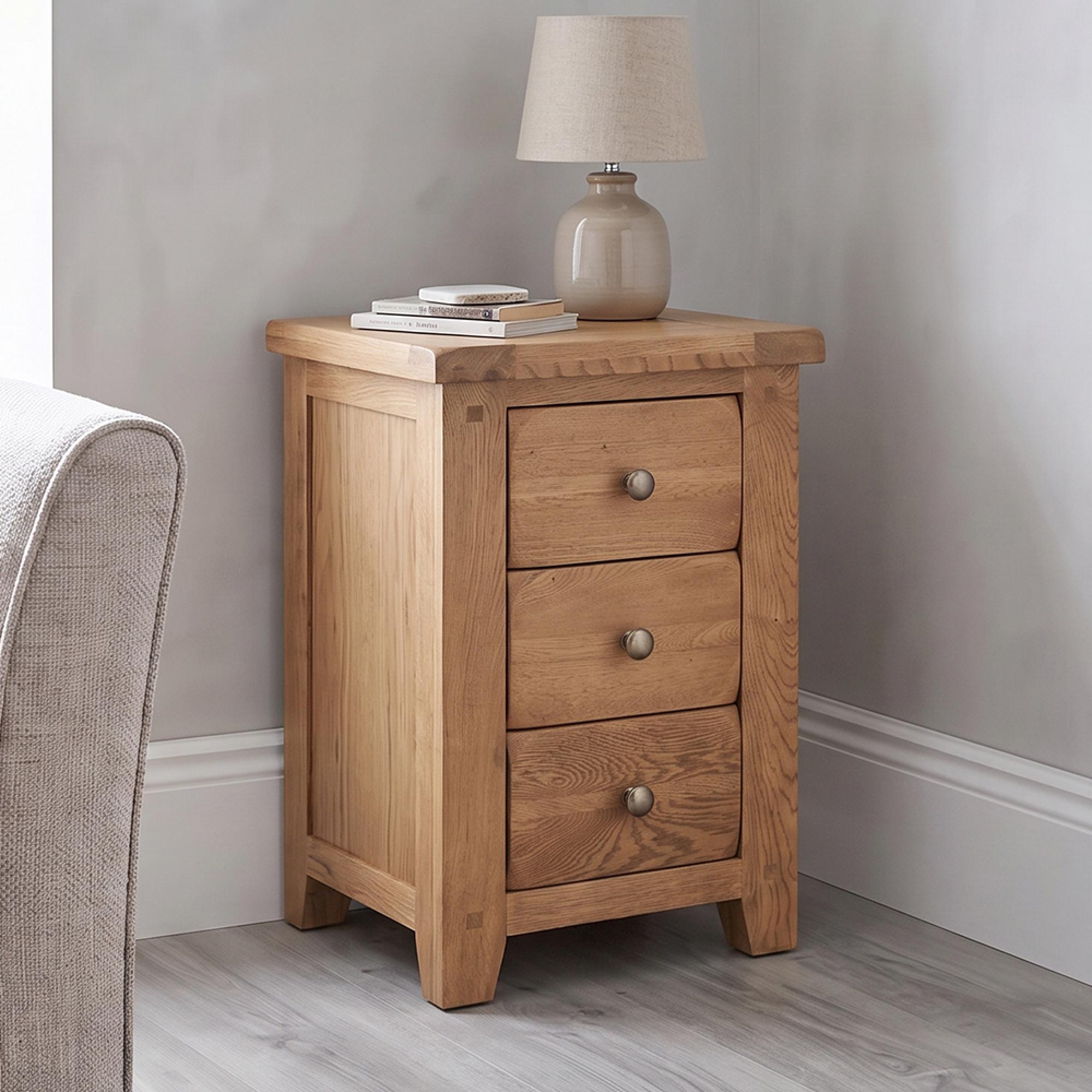 Melbourne Country Oak Bedside Cabinet - 3 Drawer - Rustic