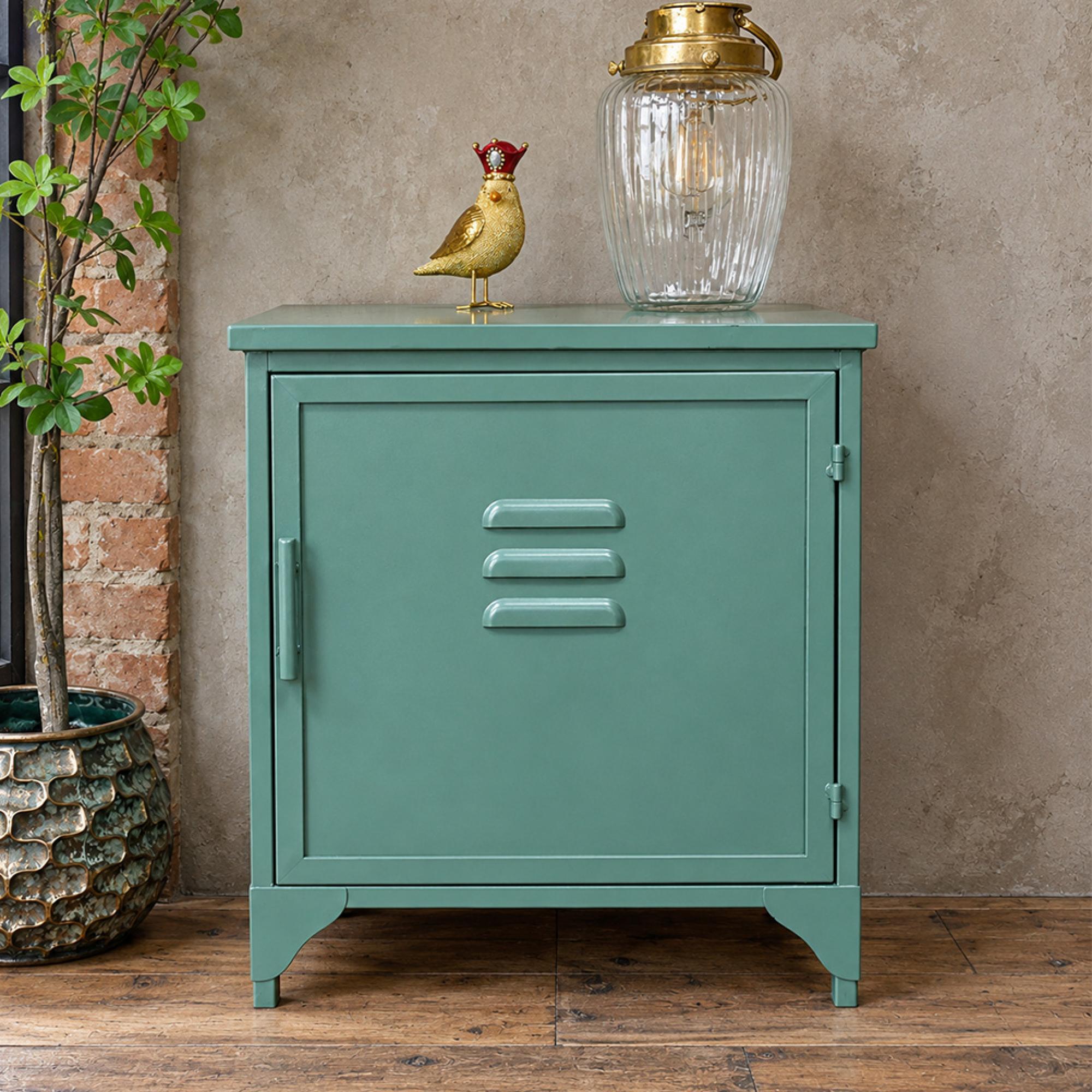 Bedside Cabinet - 1 Door - Green Metal - Industrial