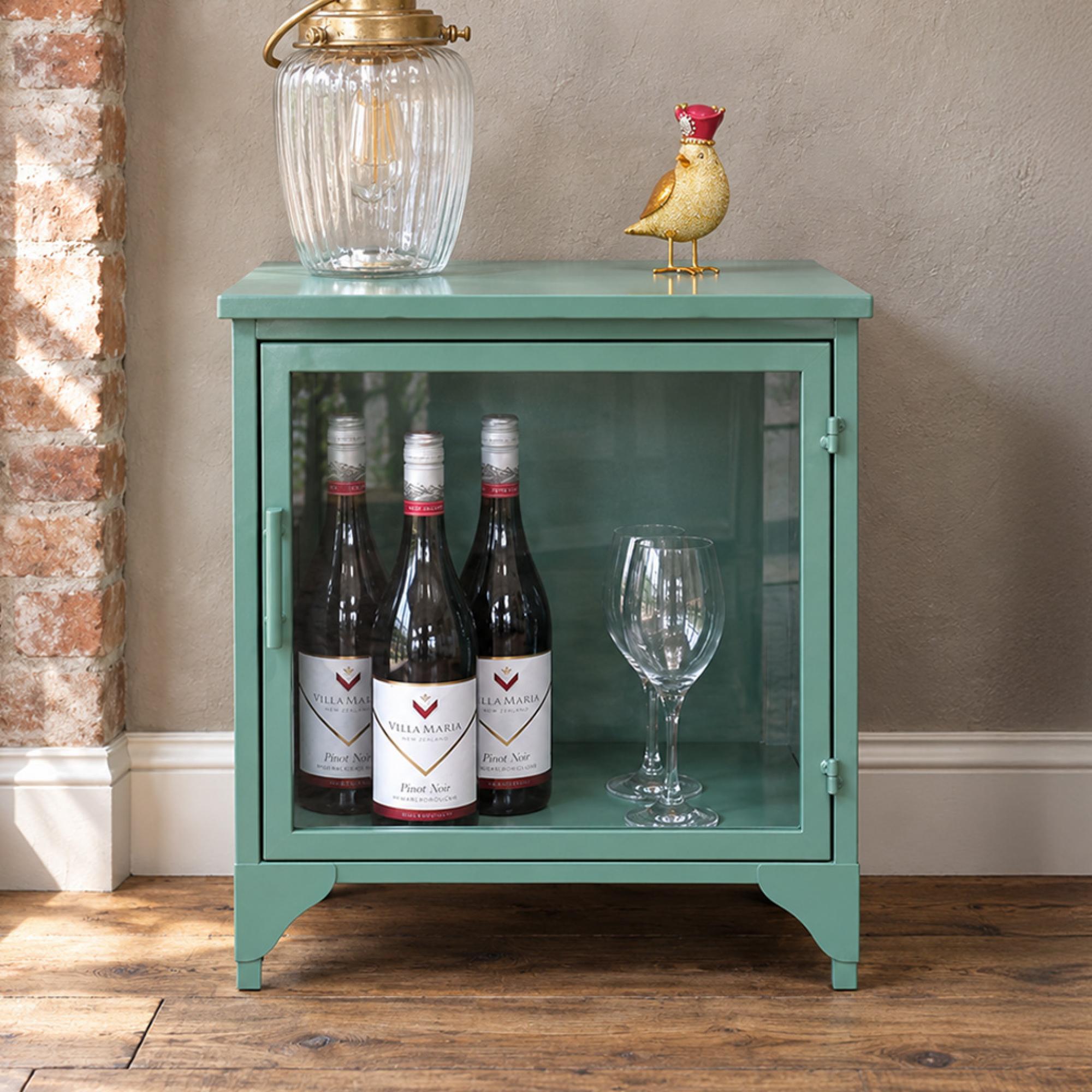 Bedside Cabinet - 1 Glass Door - Green Metal - Industrial