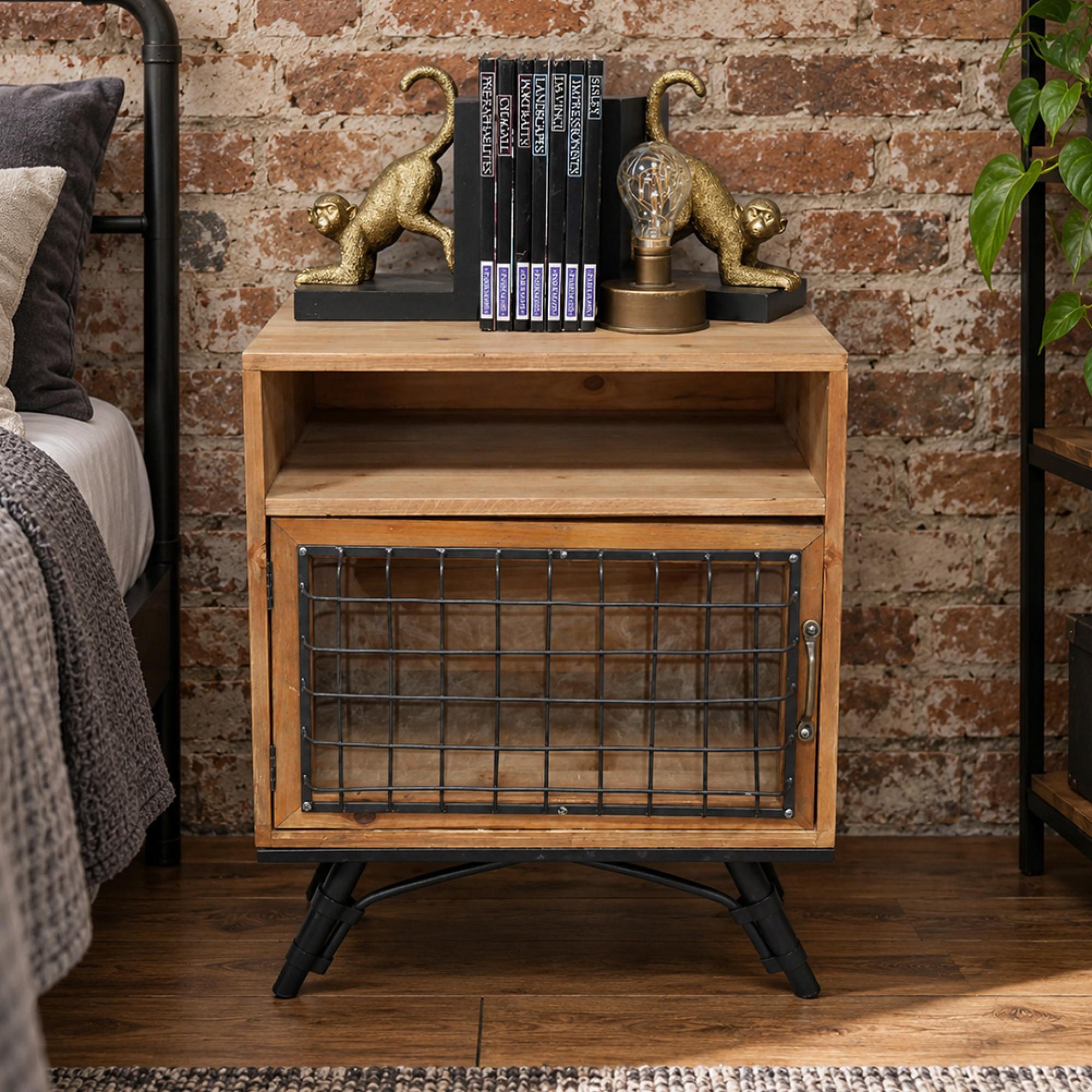 Industrial Bedside Cabinet - 1 Door - Fir Wood and Metal