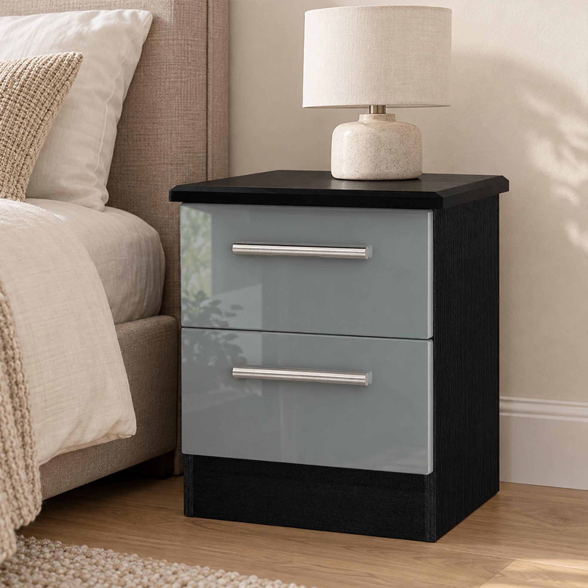 Knightsbridge Grey Gloss and Black 2 Drawer Bedside Cabinet