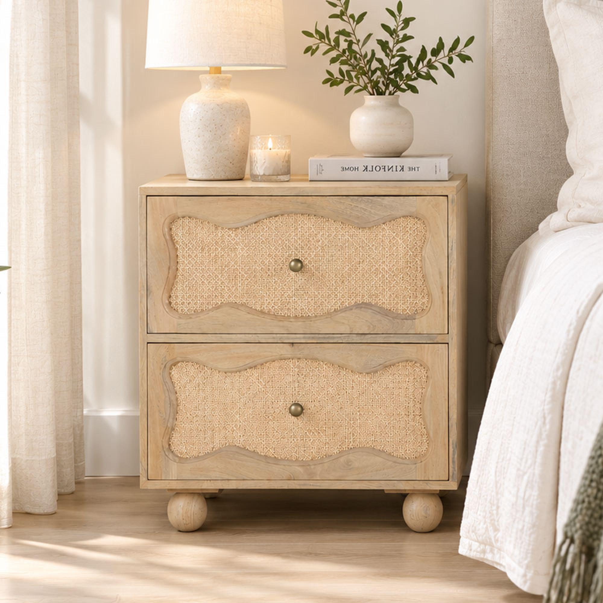 Natura Rattan and Mango Wood 2 Drawer Bedside Cabinet