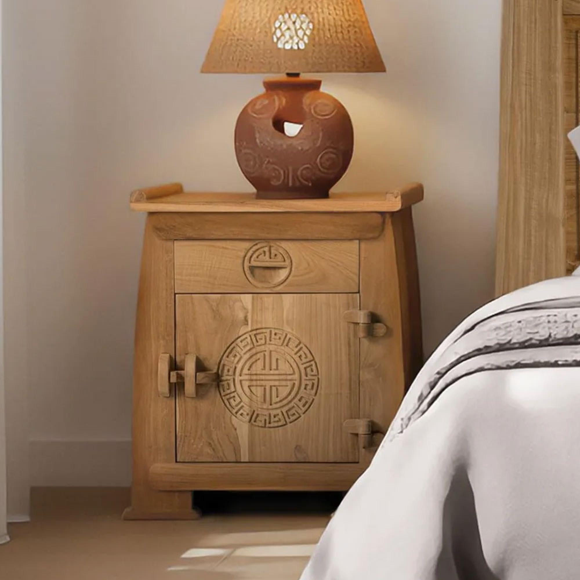 Sumbawa Natural Teak Wood 1 Door 1 Drawer Oriental Style Bedside Cabinet
