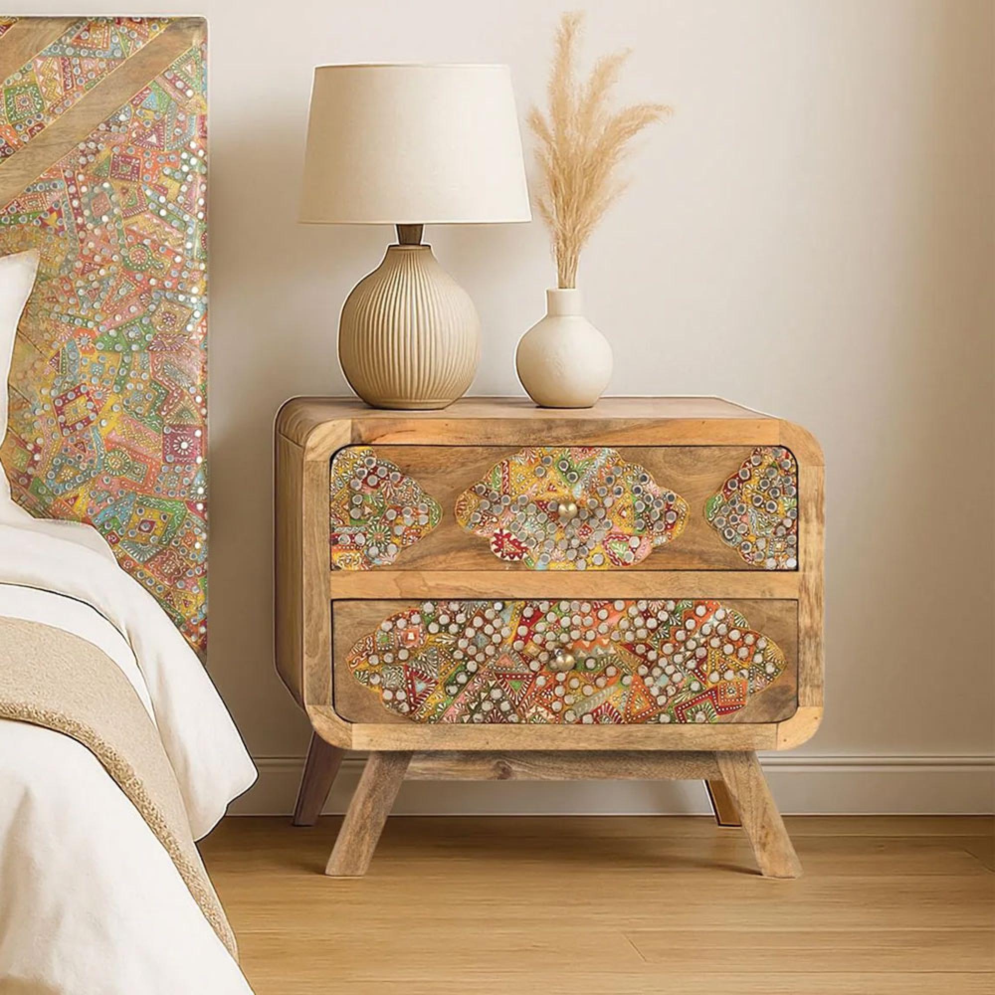 Mosaic Natural Handcrafted Mango Wood 2 Drawer Bedside Table