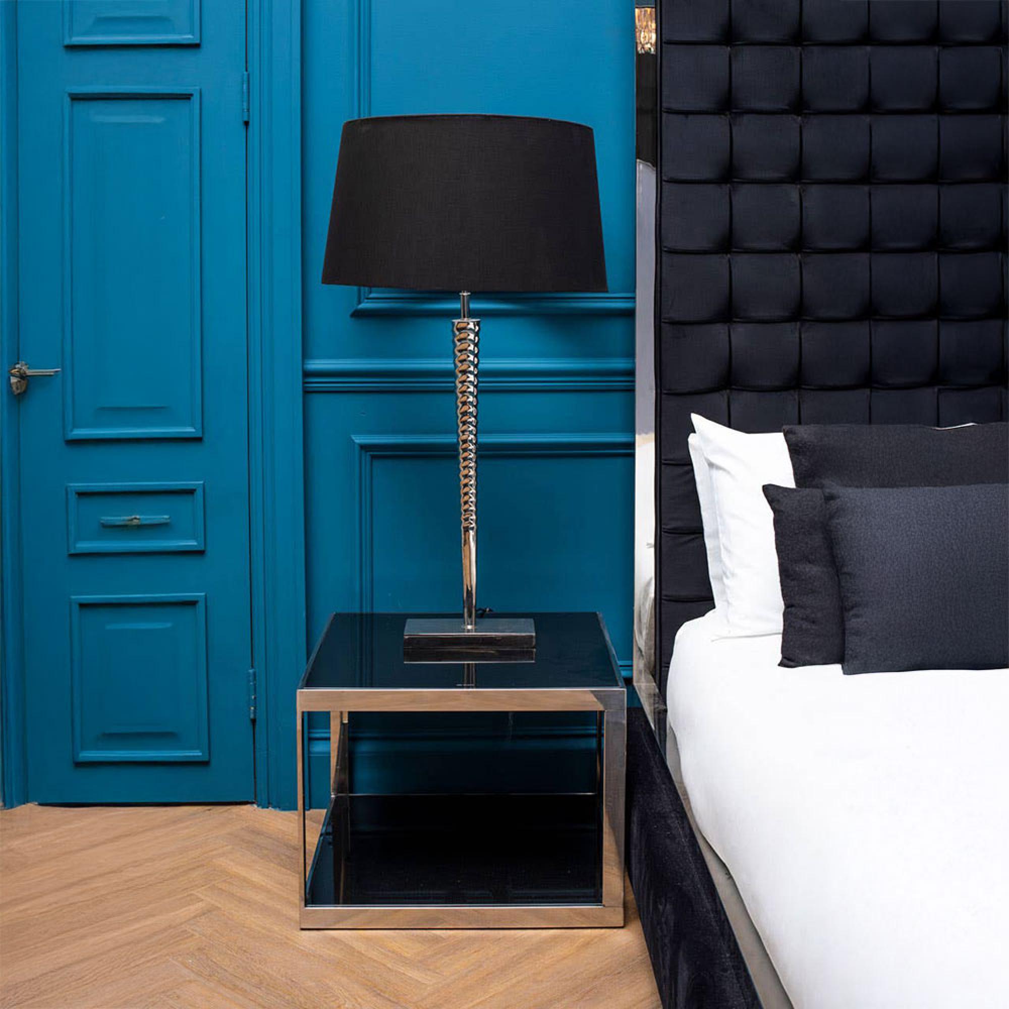 Ackley Bedside Table - Black Glass - Silver Legs