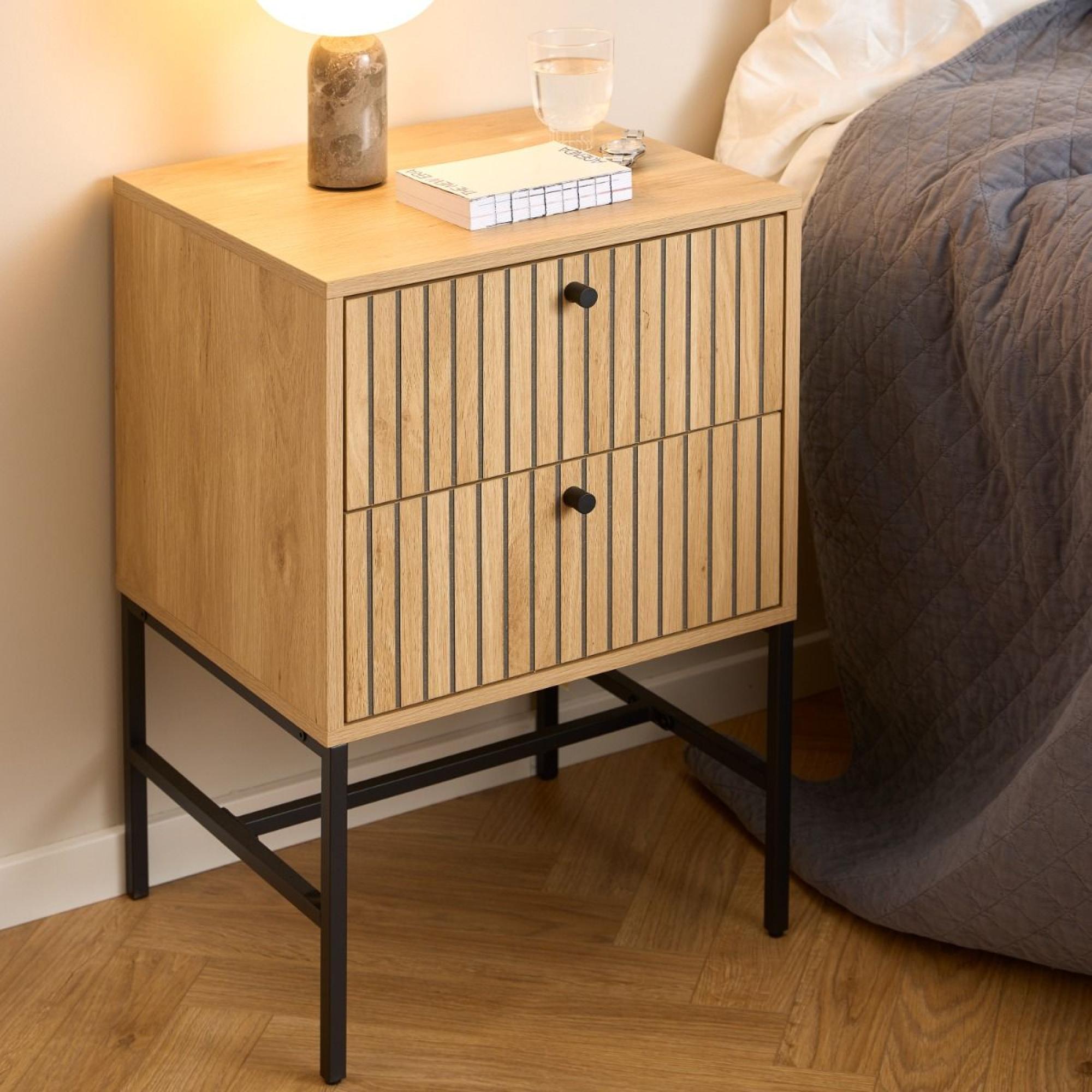 Albany Bedside Table - 2 Drawer - Oak Ribbed