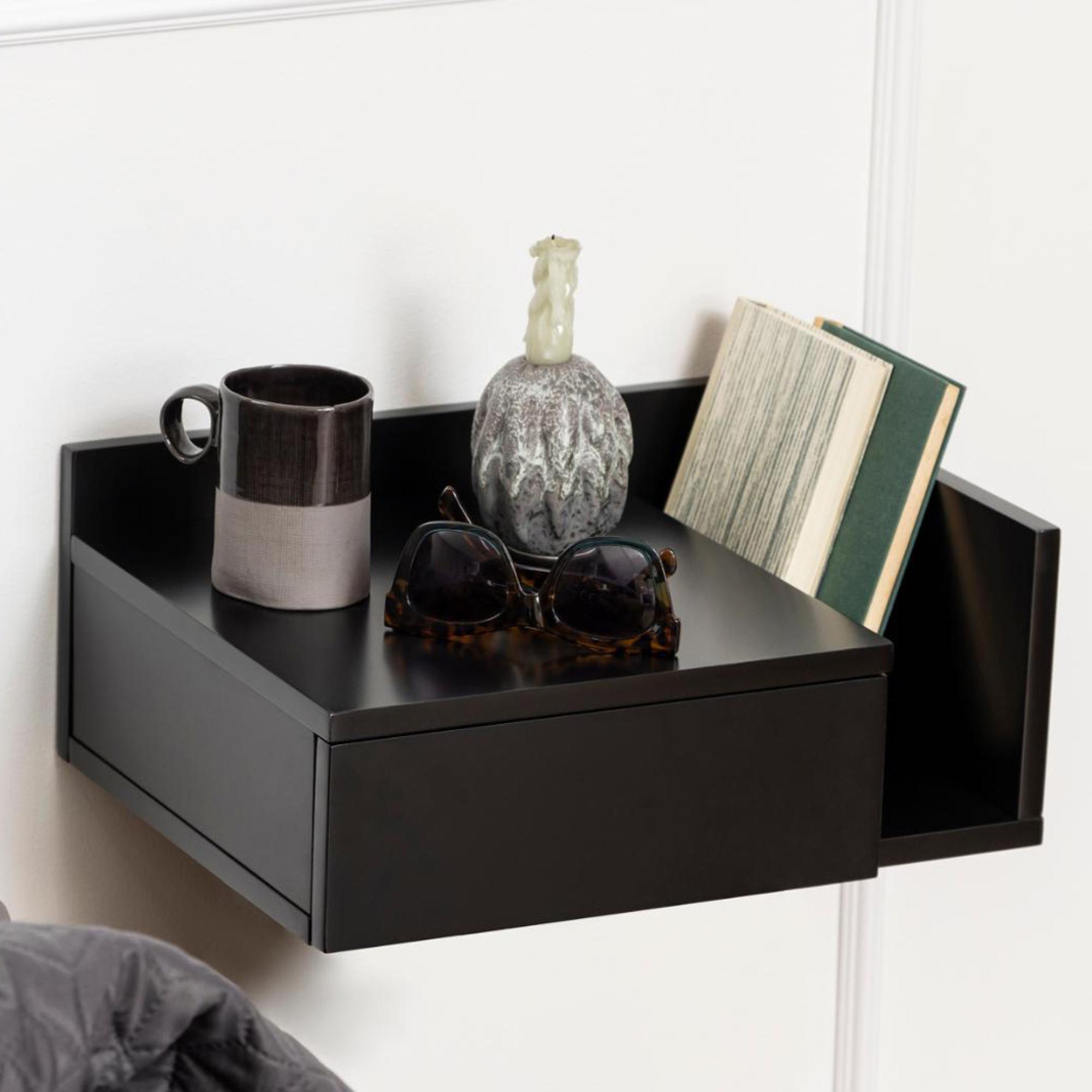 Ashlan Bedside Table - 1 Drawer - Wall Mounted - Floating - Black Painted - with Shelf