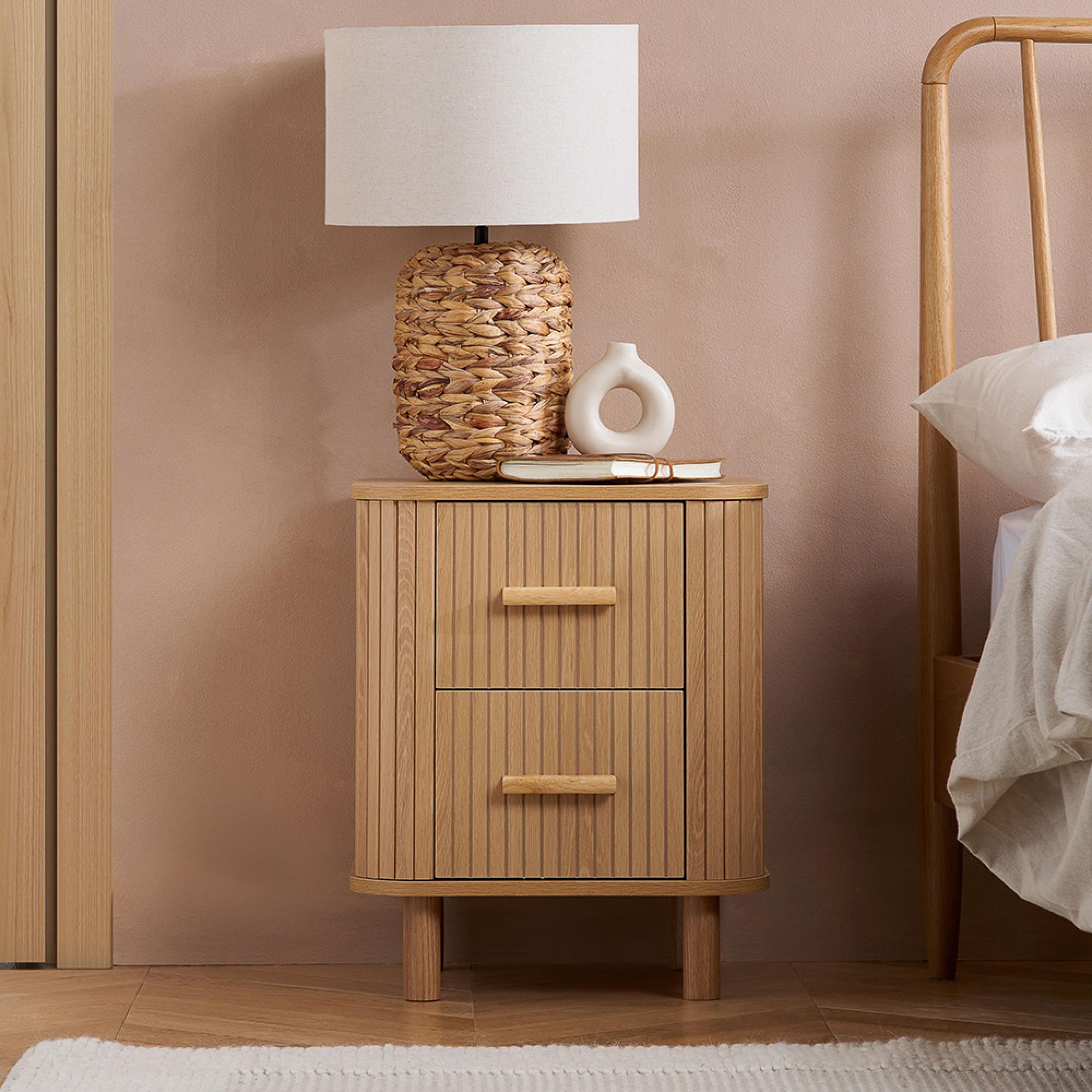 Axel Curved Bedside Cabinet - 2 Drawer - Oak Fluted