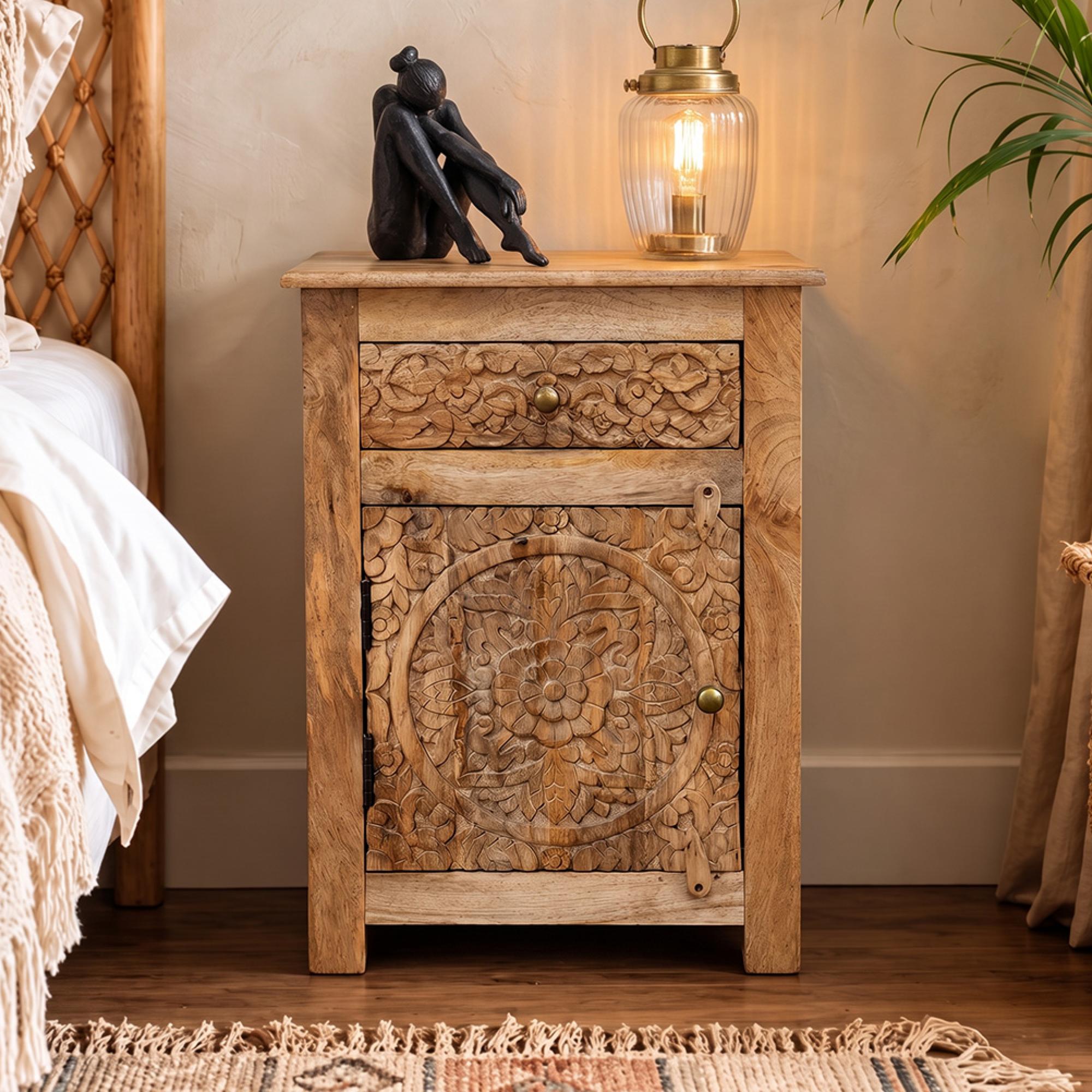 Bedside Cabinet - 1 Door - 1 Drawer - Carved Mango Wood 