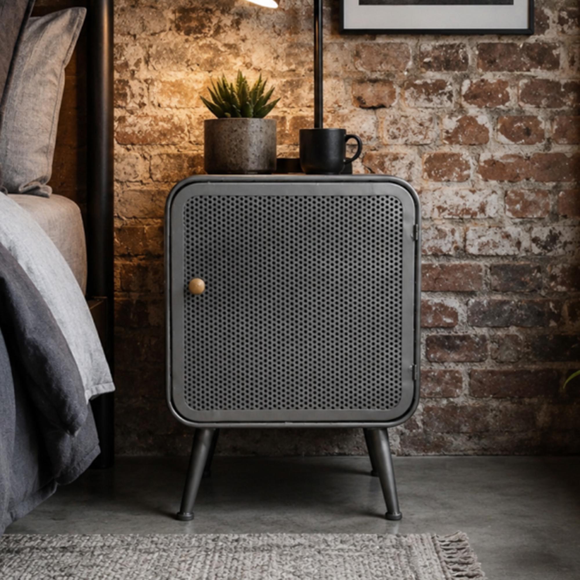 Bedside Cabinet - 1 Door - Grey Metal Mesh