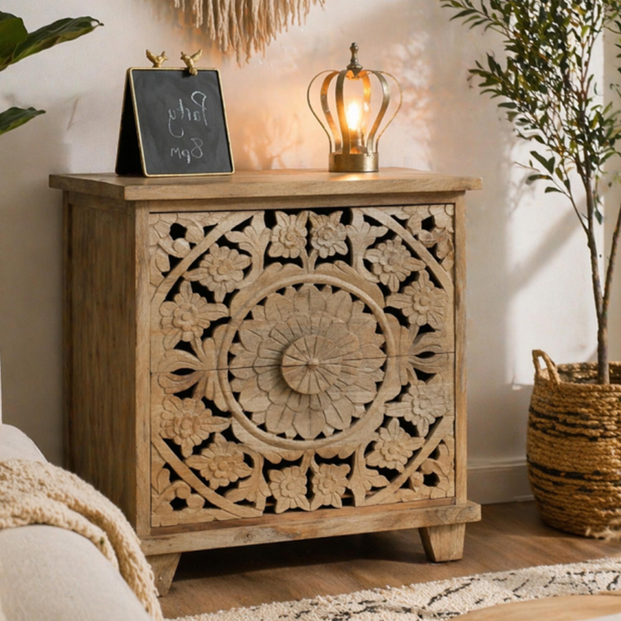 Bedside Cabinet - 2 Drawer - Carved Mango Wood
