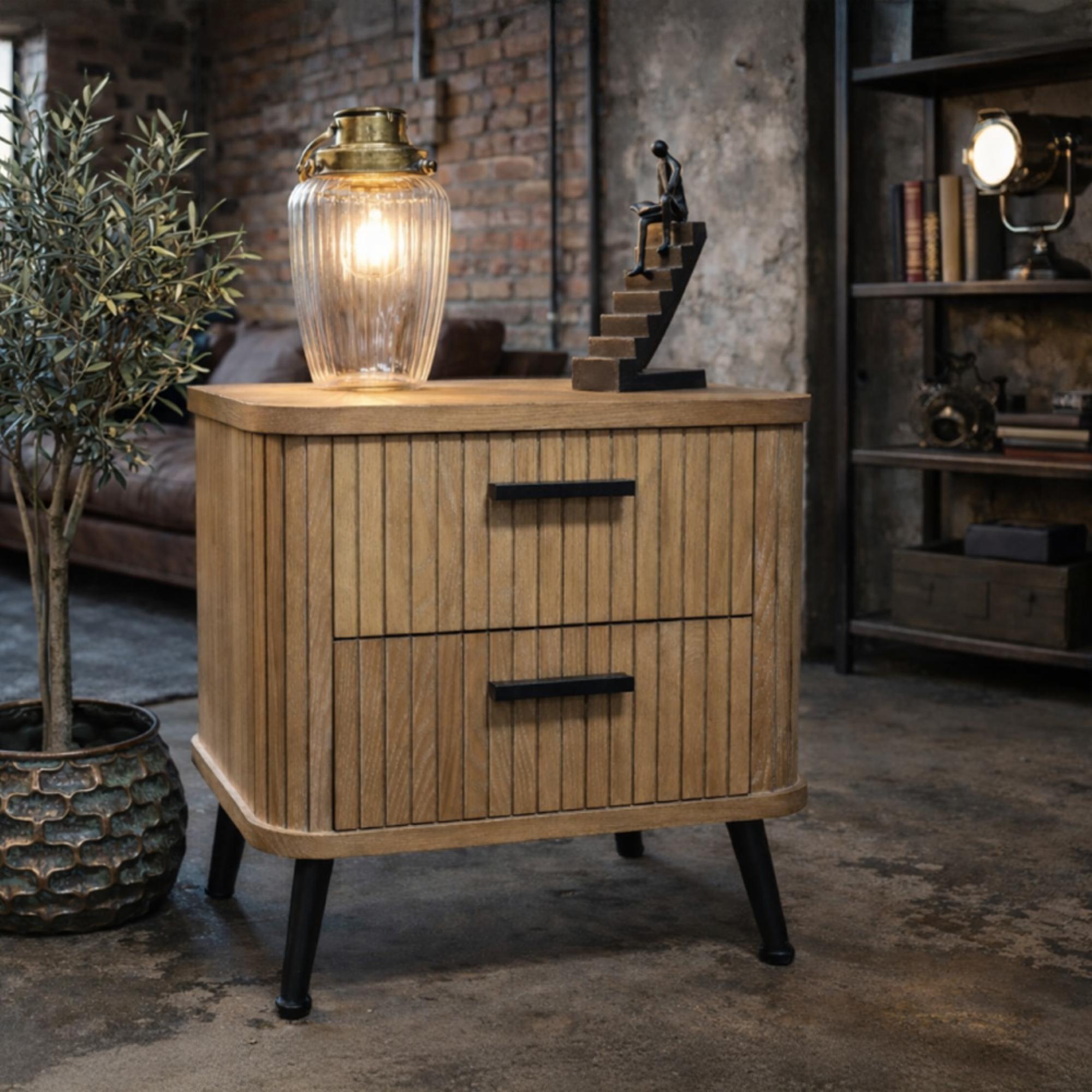 Bedside Cabinet - 2 Drawer - Ribbed Wooden