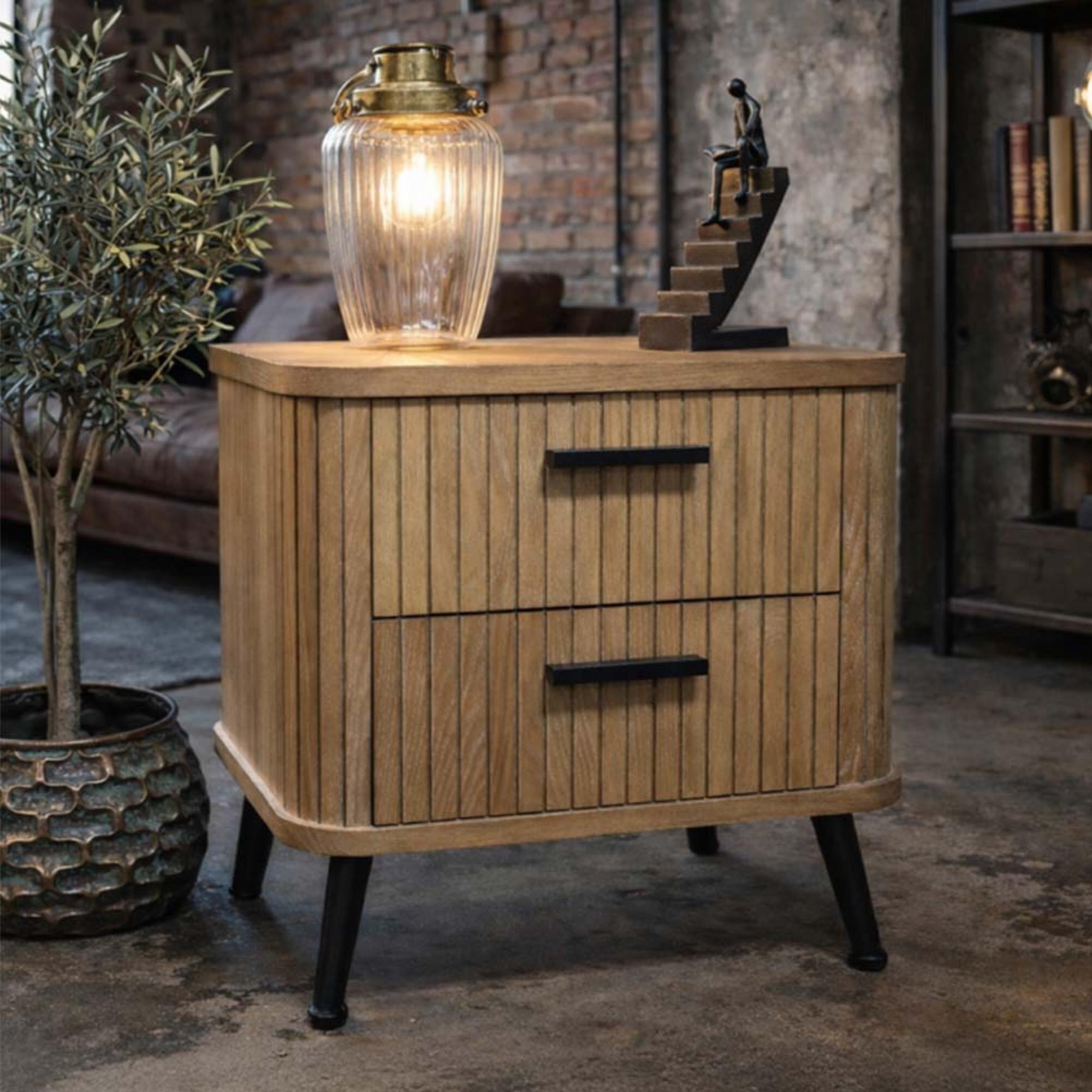 Bedside Cabinet - 2 Drawer - Ribbed Wooden