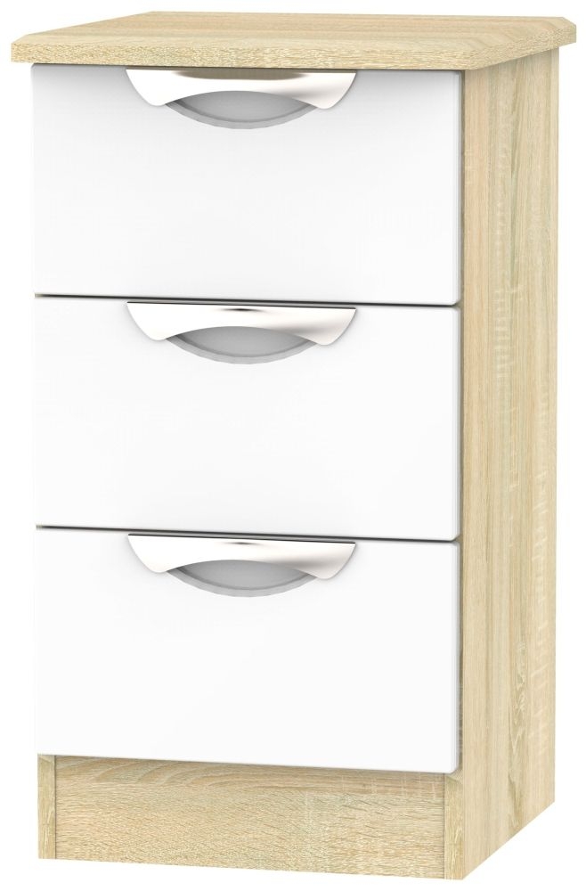 Camden Bedside Cabinet - 3 Drawer - White Gloss and Oak