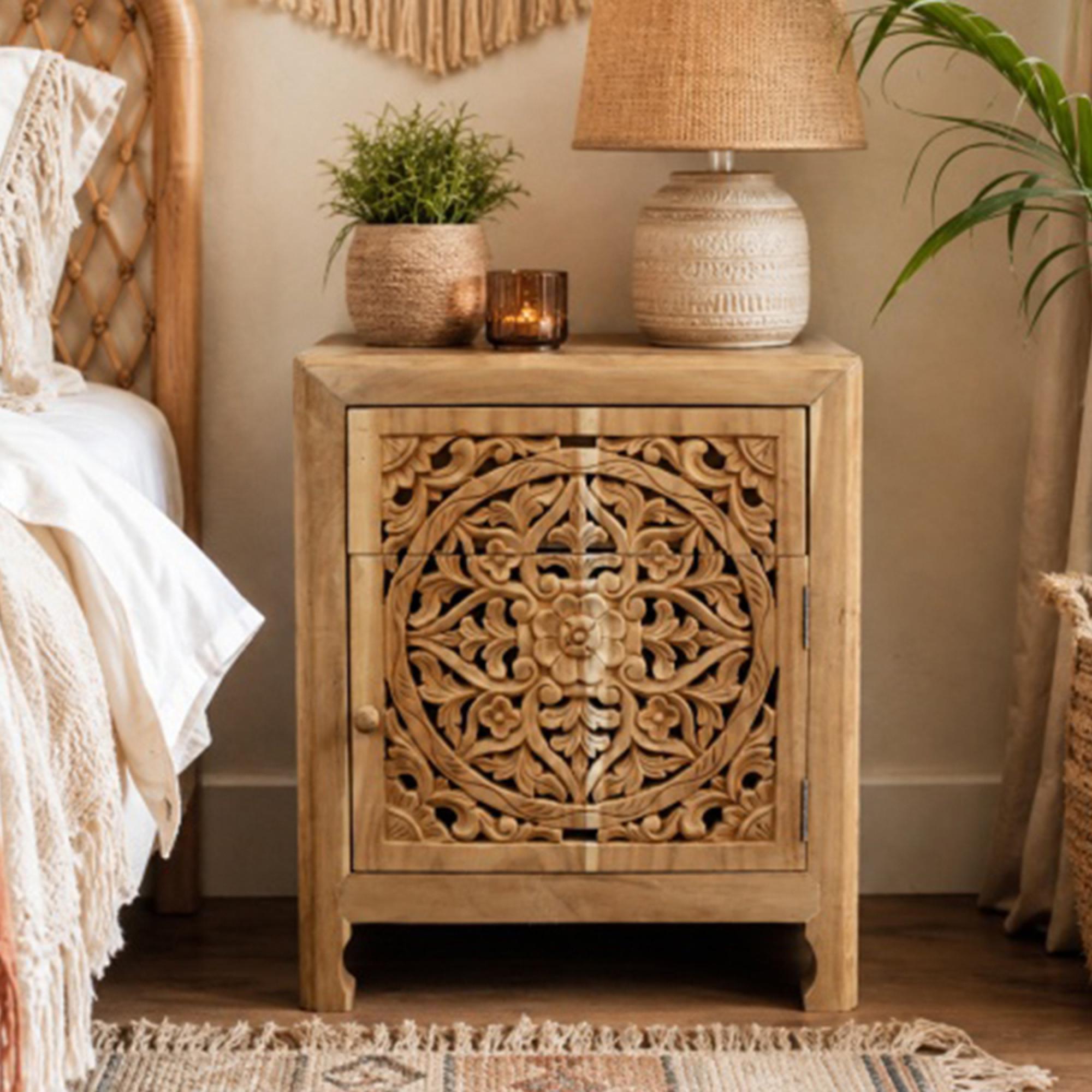 Carved Bedside Cabinet - 1 Right Door - 1 Drawer - Teak Wood