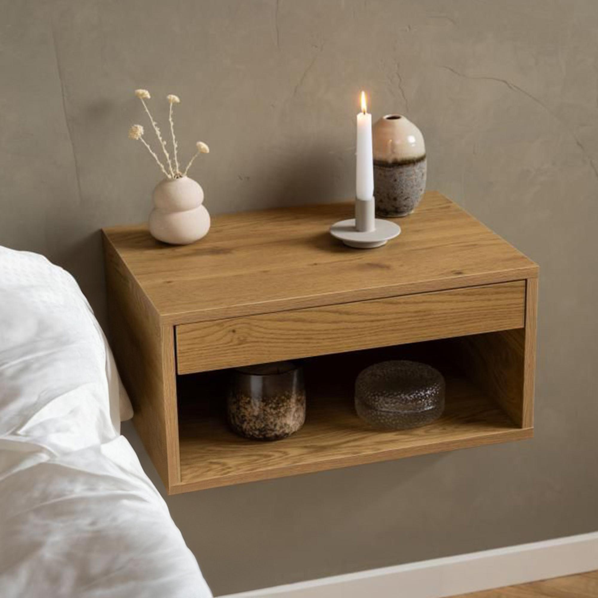 Cholet Bedside Table - 1 Drawer - Wall Mounted - Floating - Oak