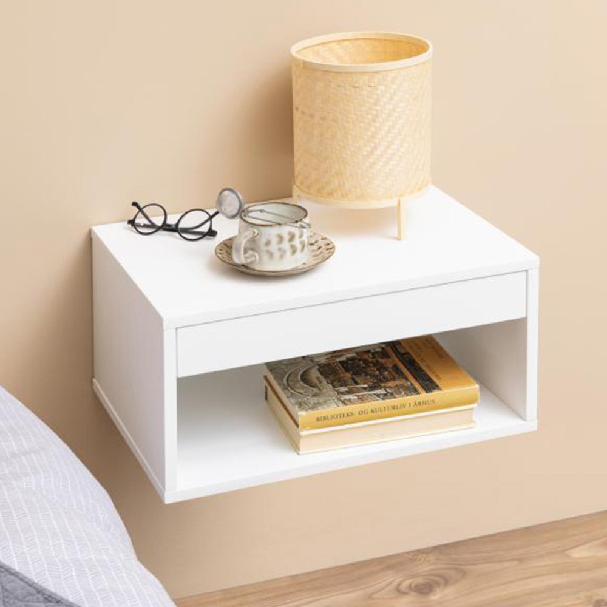 Cholet Bedside Table - 1 Drawer - Wall Mounted - Floating - White Painted