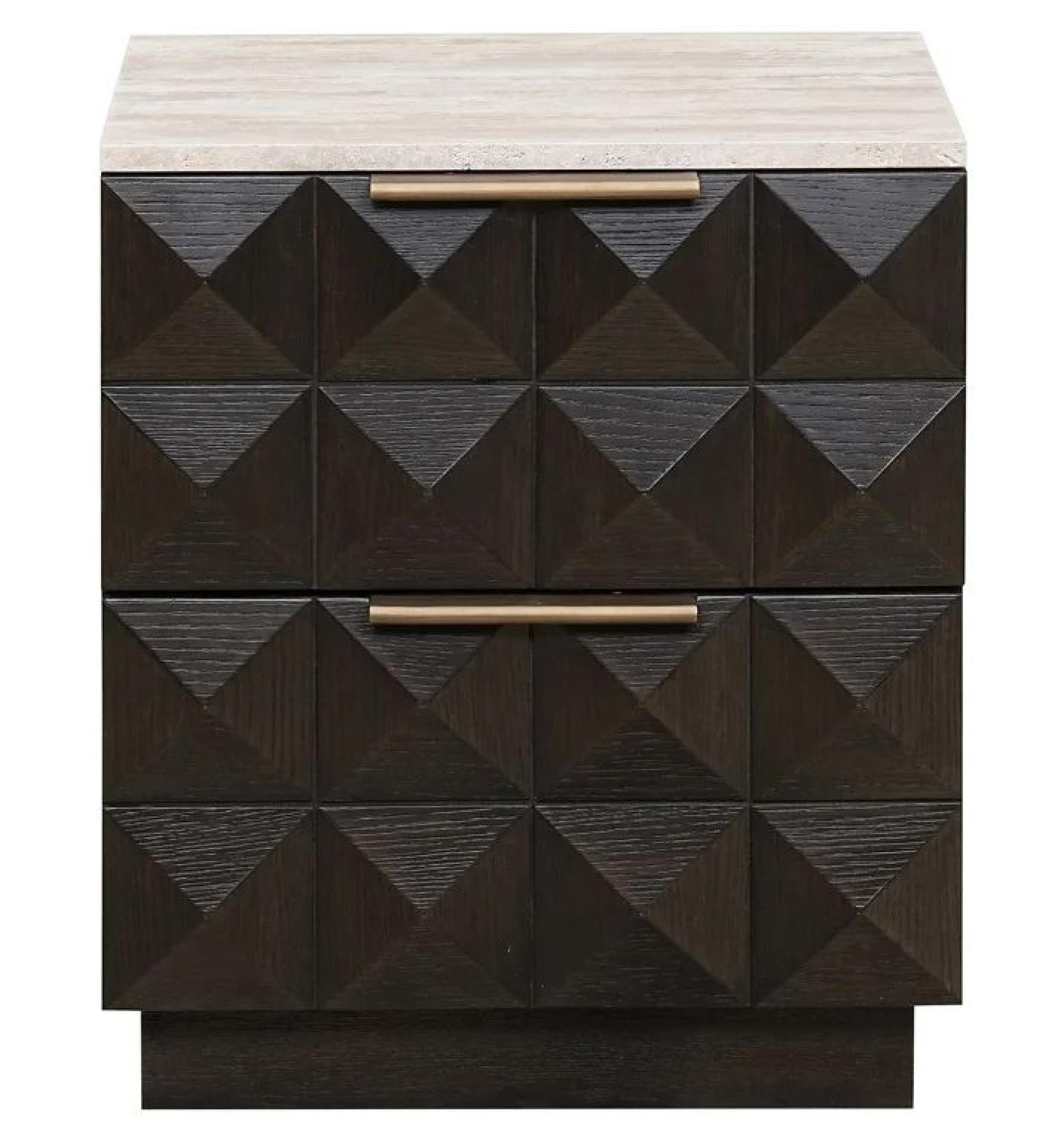 Claremont Dark Wood 2 Drawer Geometric Bedside Cabinet with Travertine Top