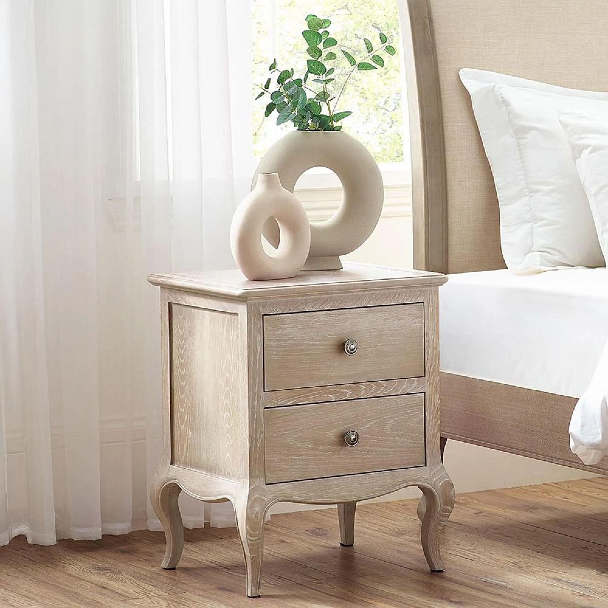 Clearance - Camille Bedside Cabinet - 2 Drawer - French Style - Oak - FSS17327