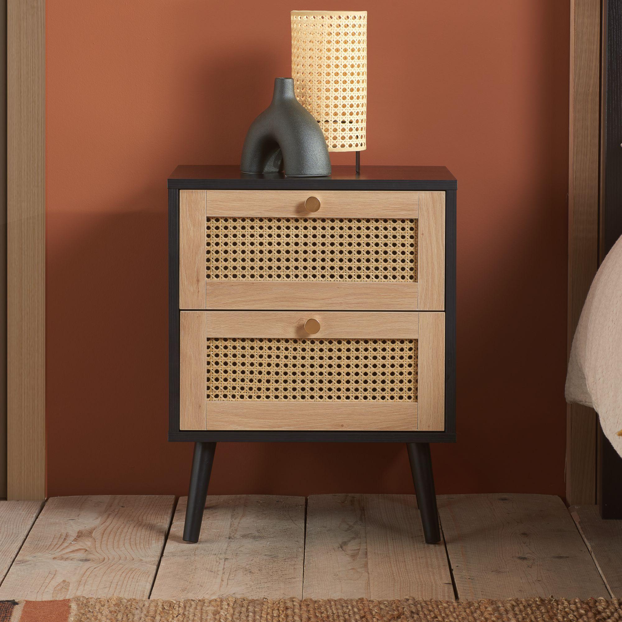 Croxley Bedside Cabinet - 2 Drawer - Black and Rattan