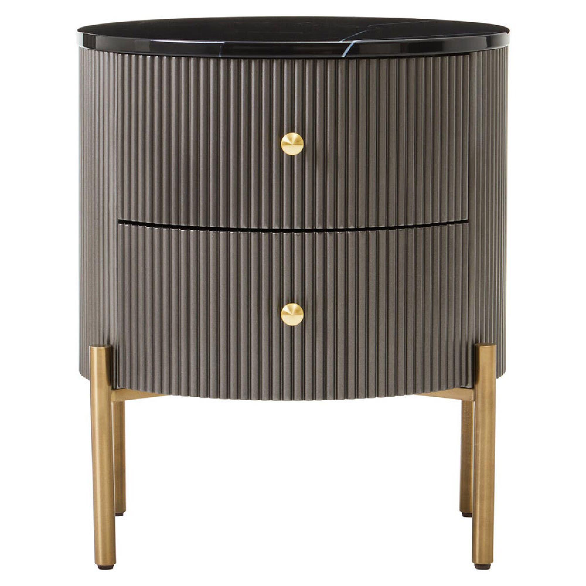 Dervio Bedside Cabinet - 2 Drawer - Round - Grey Fluted with Black Marble Top
