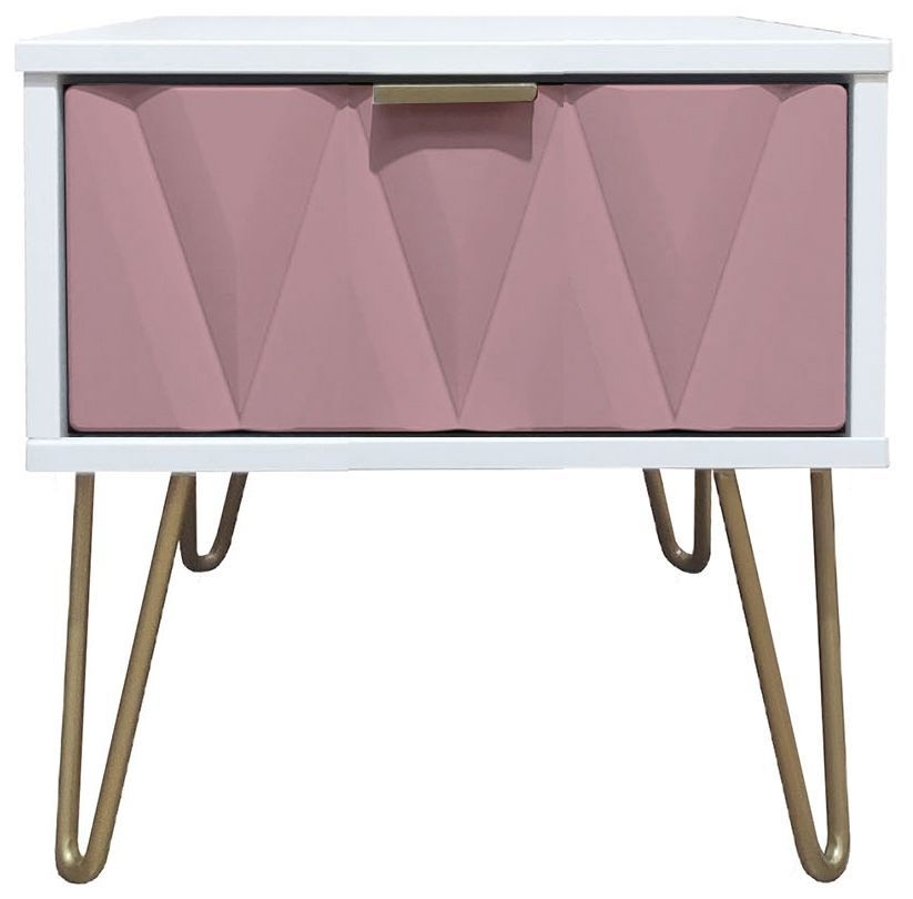 Diamond Bedside Table - 1 Drawer - with Gold Hairpin Legs - Pink and White