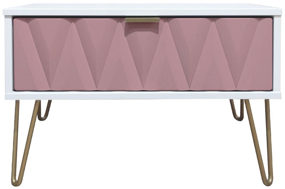 Diamond Midi Bedside Table - 1 Drawer - with Gold Hairpin Legs - Pink and White