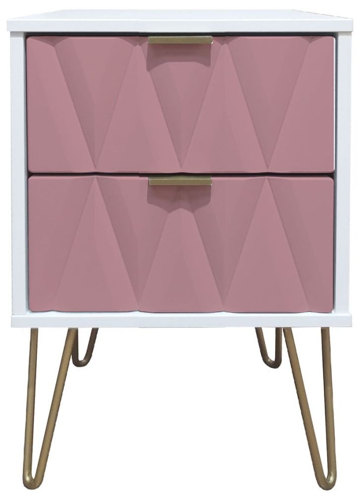 Diamond Bedside Cabinet - 2 Drawer - with Gold Hairpin Legs - Pink and White