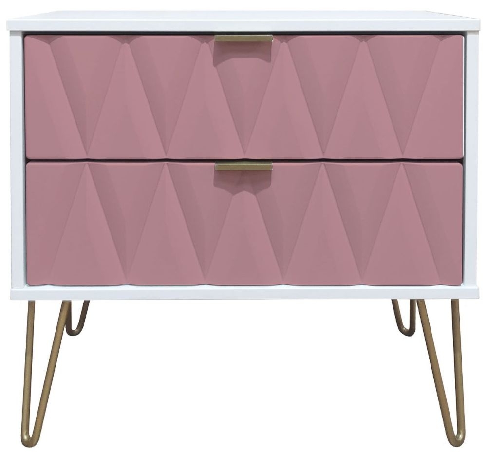 Diamond Midi Bedside Cabinet - 2 Drawer - with Gold Hairpin Legs - Pink and White