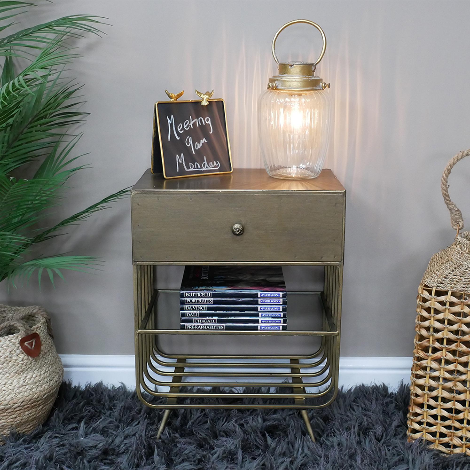 Bedside Cabinet - 1 Drawer - Brushed Metal and Glass
