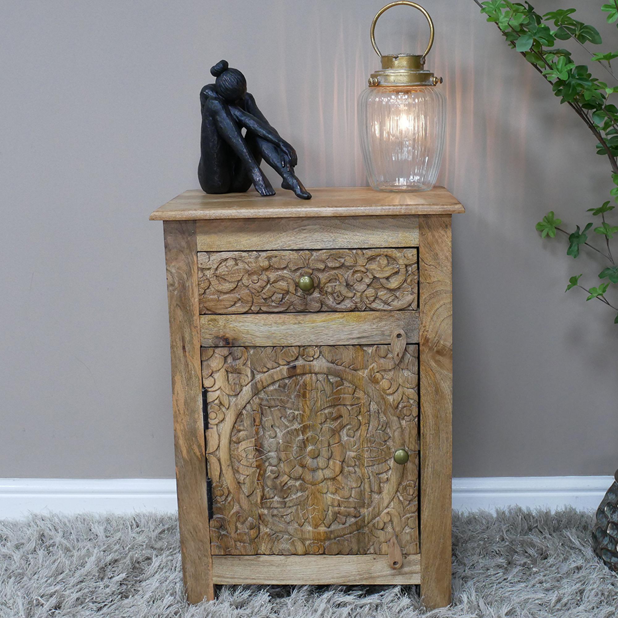 Bedside Cabinet - 1 Door - 1 Drawer - Carved Mango Wood - LH