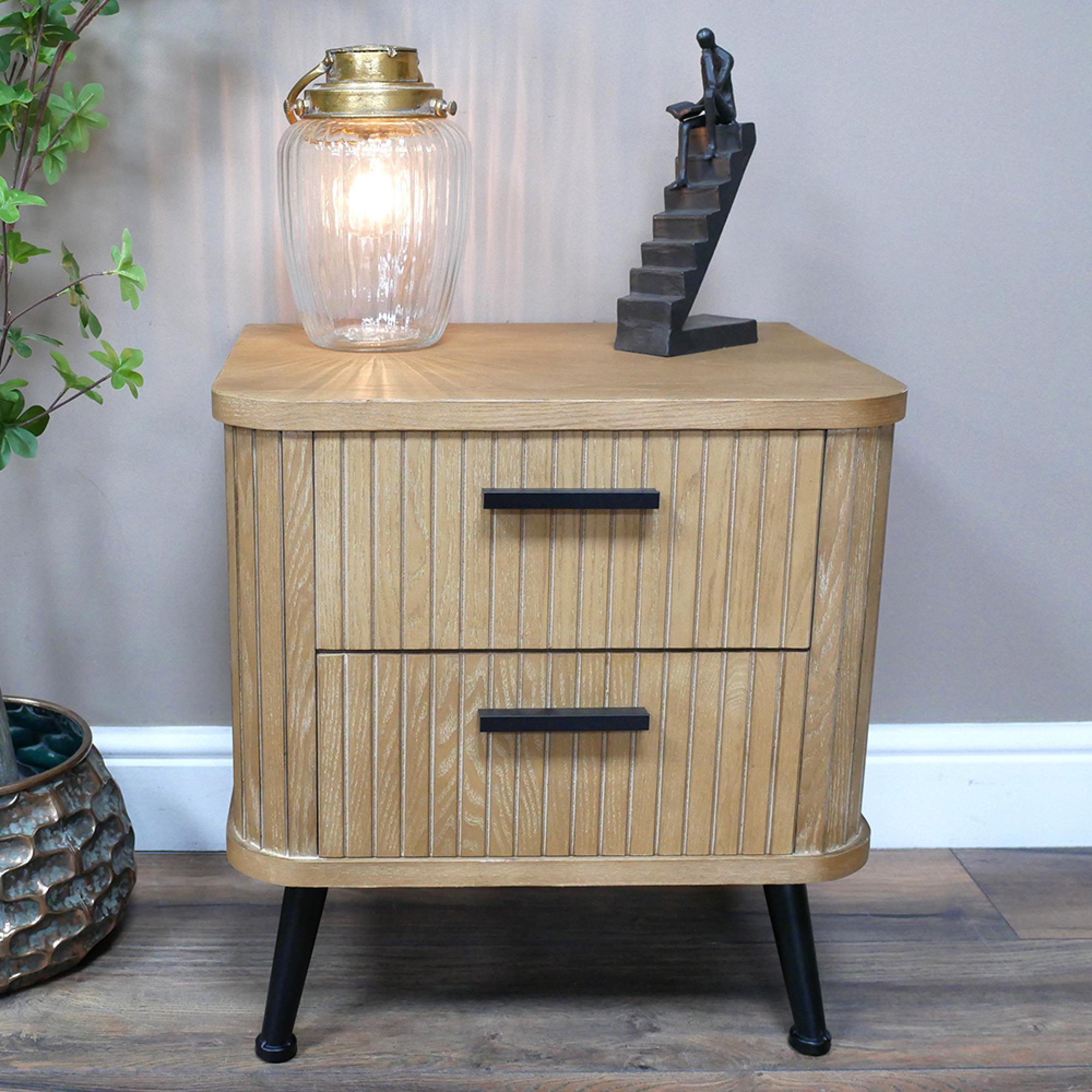 Bedside Cabinet - 2 Drawer - Ribbed Wooden